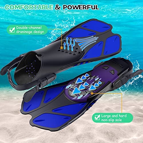 Blue Adjustable Open Heel Snorkel Fins, Travel-Size Short Swim Flippers for Snorkeling, Diving & Swimming, Adult Men & Women（S/M）