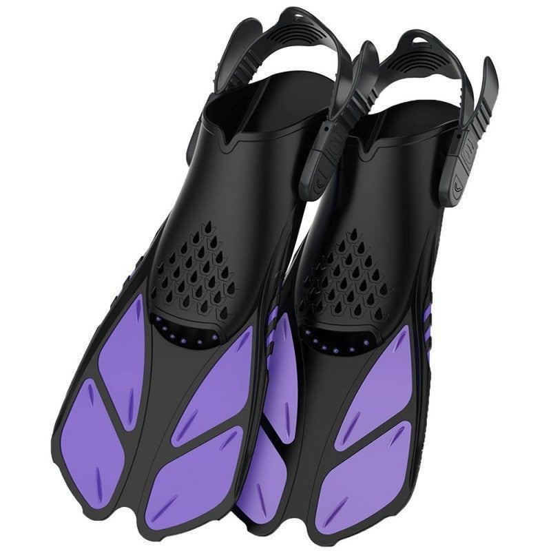Purple Adjustable Open Heel Snorkel Fins, Travel-Size Short Swim Flippers for Snorkeling, Diving & Swimming, Adult Men & Women（S/M）