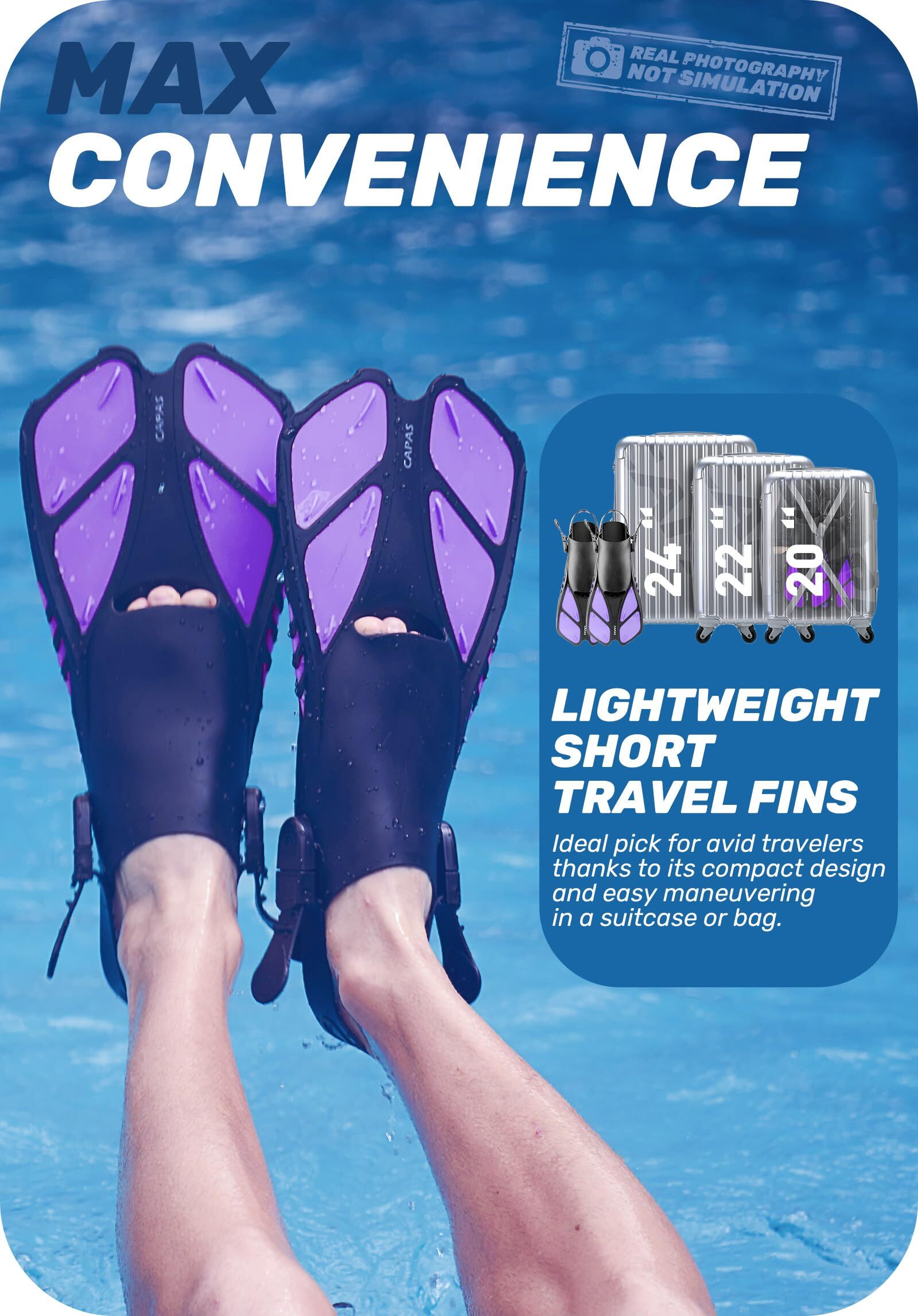 Purple Adjustable Open Heel Snorkel Fins, Travel-Size Short Swim Flippers for Snorkeling, Diving & Swimming, Adult Men & Women（S/M） 4