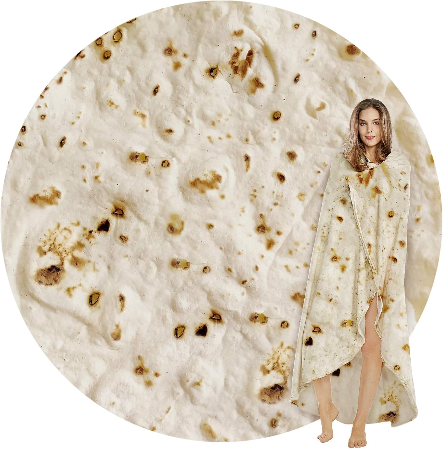 Burritos Tortilla Throw Blanket(Beige), Novelty Funny Round Blanket for Adults & Kids, Soft Flannel Tortilla Wrap Blanket（60",Teenagers）