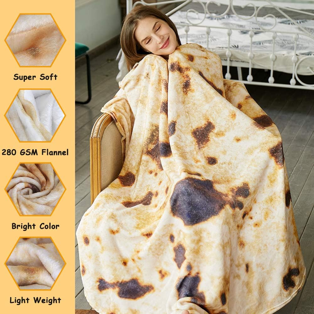 Burritos Tortilla Throw Blanket (Brown), Novelty Funny Round Blanket for Kids & Adults, Soft Flannel Tortilla Wrap Blanket（71", Adults）
