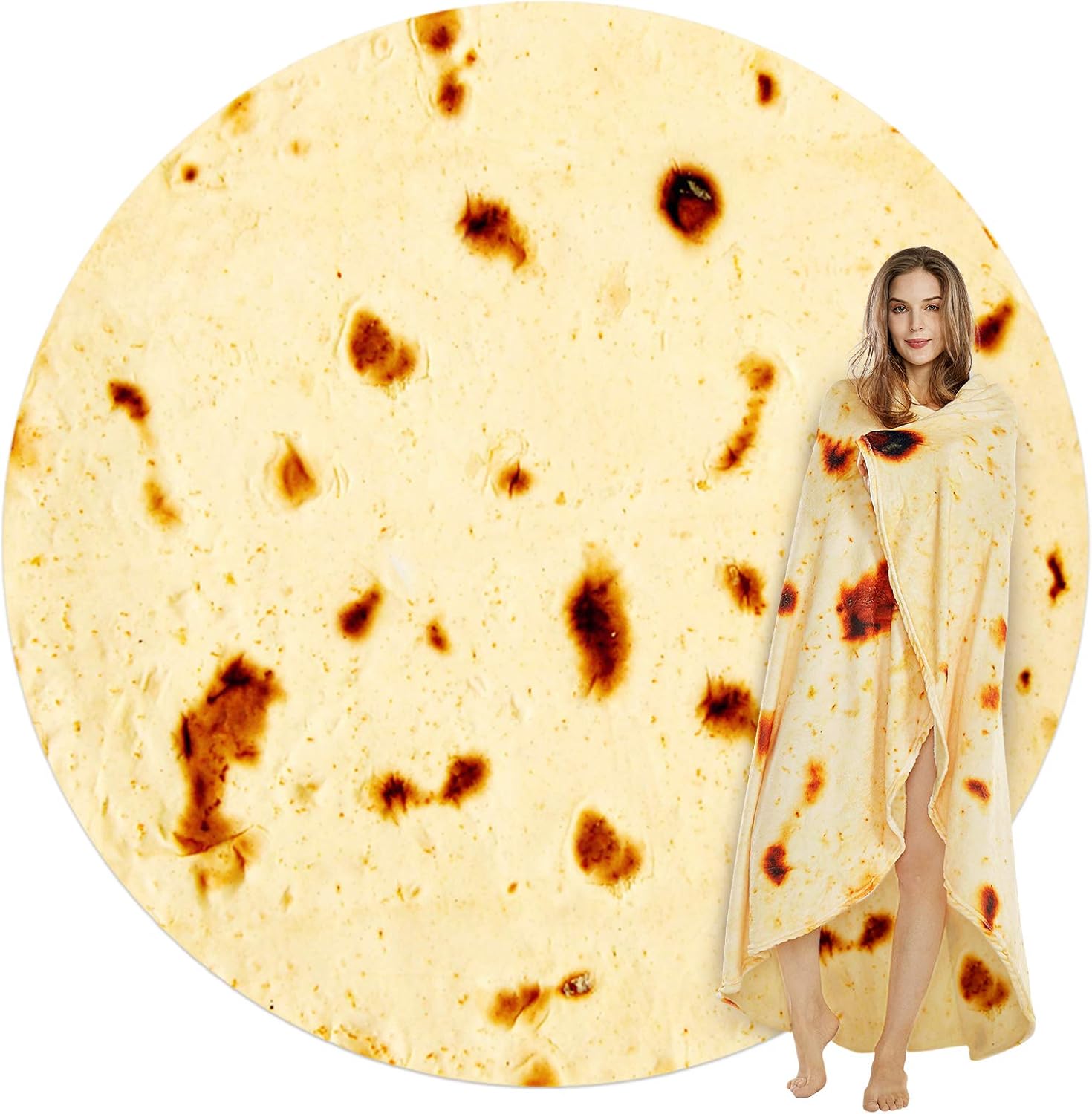 Burritos Tortilla Throw Blanket (Yellow), Novelty Funny Round Blanket for Kids & Adults, Soft Flannel Tortilla Wrap Blanket（60",Teenagers）