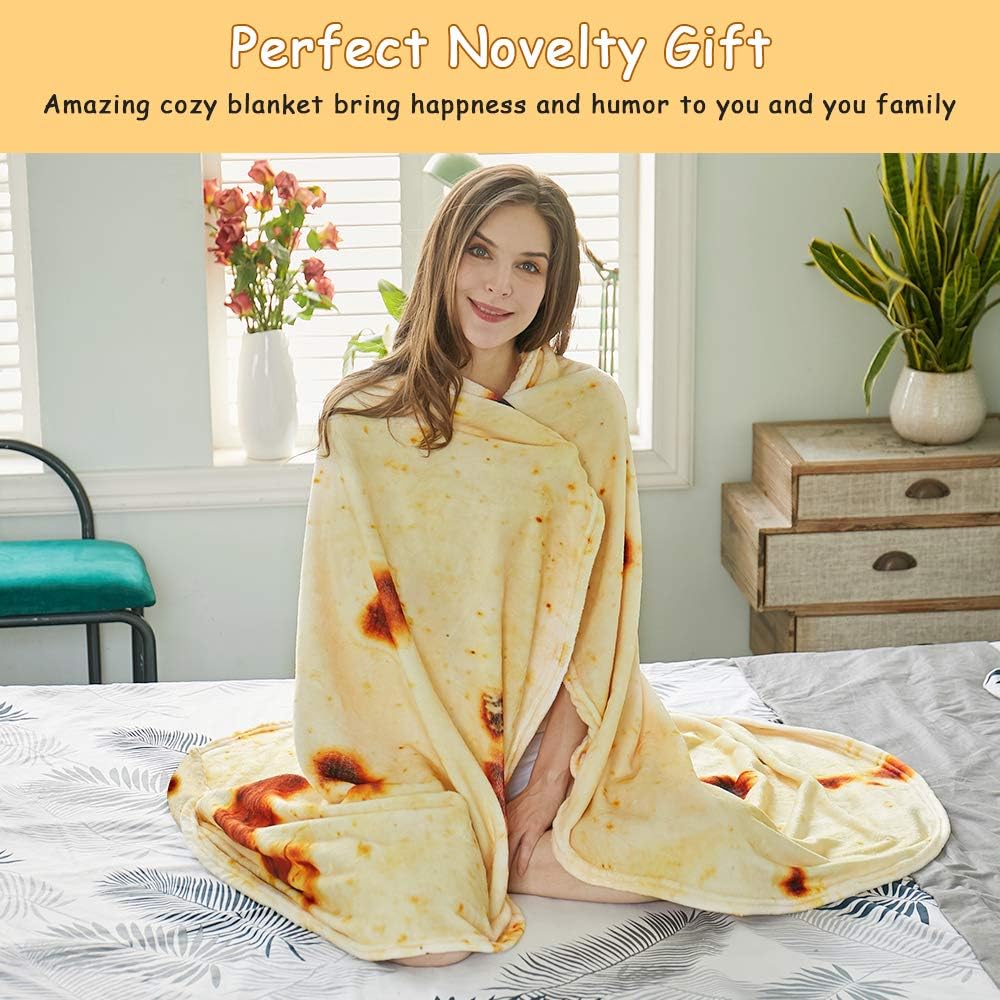 Burritos Tortilla Throw Blanket (Yellow), Novelty Funny Round Blanket for Kids & Adults, Soft Flannel Tortilla Wrap Blanket（71", Adults）
