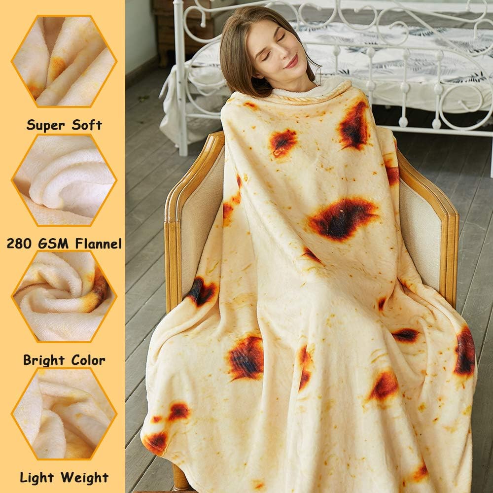 Burritos Tortilla Throw Blanket (Yellow), Novelty Funny Round Blanket for Kids & Adults, Soft Flannel Tortilla Wrap Blanket（71", Adults） 3