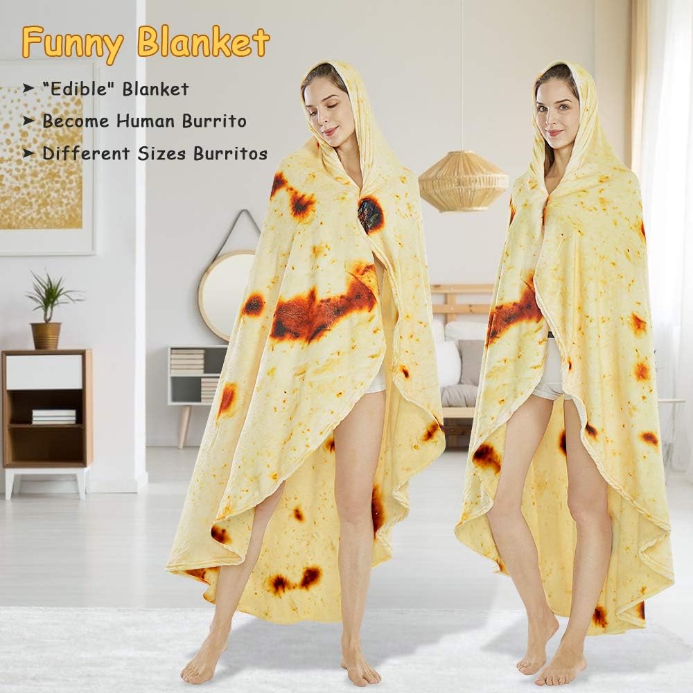Burritos Tortilla Throw Blanket (Yellow), Novelty Funny Round Blanket for Kids & Adults, Soft Flannel Tortilla Wrap Blanket（71", Adults） 4