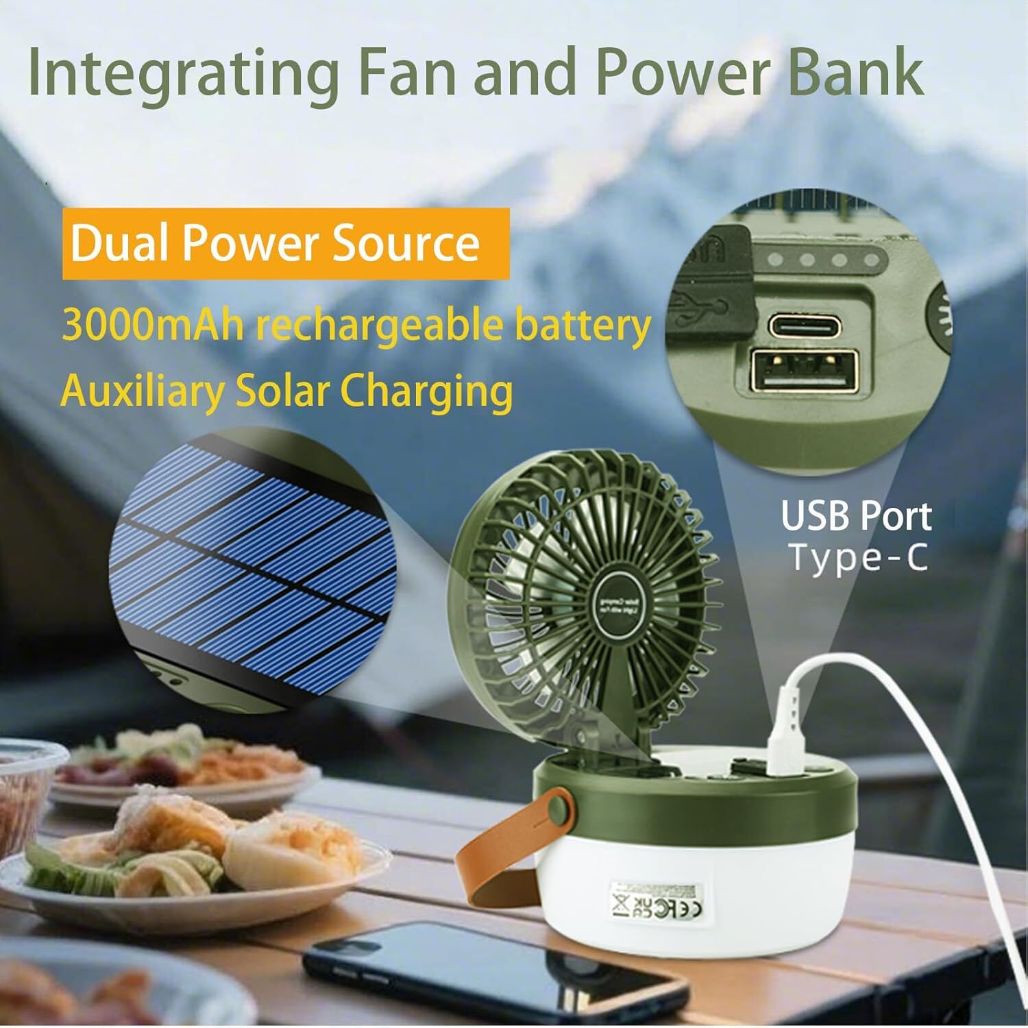 Camping Light with Fan, Portable Hanging Lamp for Tent, IPX4 Waterproof, 4 Mode Light Camping Lantern and 3 -Speed Quiet Fan,USB & Auxiliary Solar Charging，for Camping/College Dorm (Army Green) 3