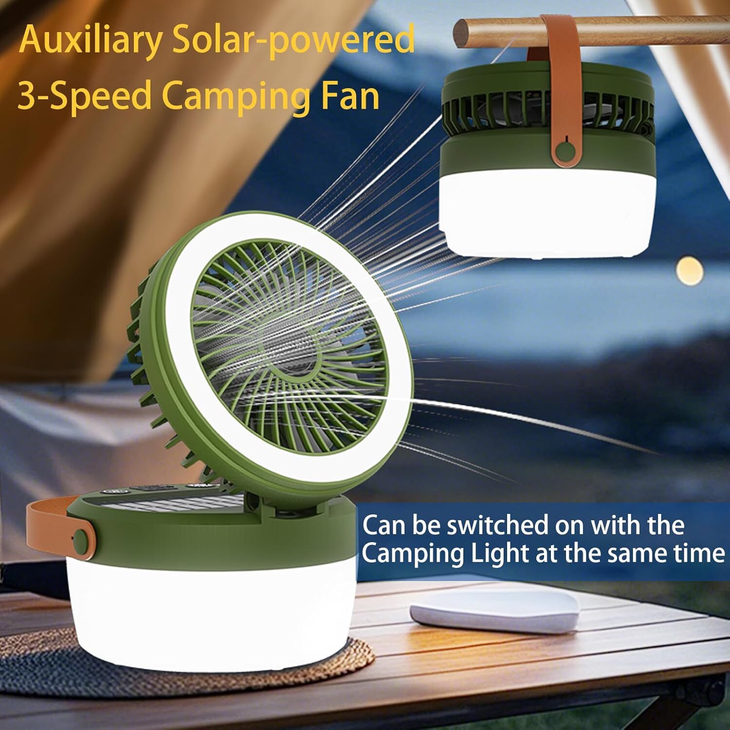 Camping Light with Fan, Portable Hanging Lamp for Tent, IPX4 Waterproof, 4 Mode Light Camping Lantern and 3 -Speed Quiet Fan,USB & Auxiliary Solar Charging，for Camping/College Dorm (Army Green) 5