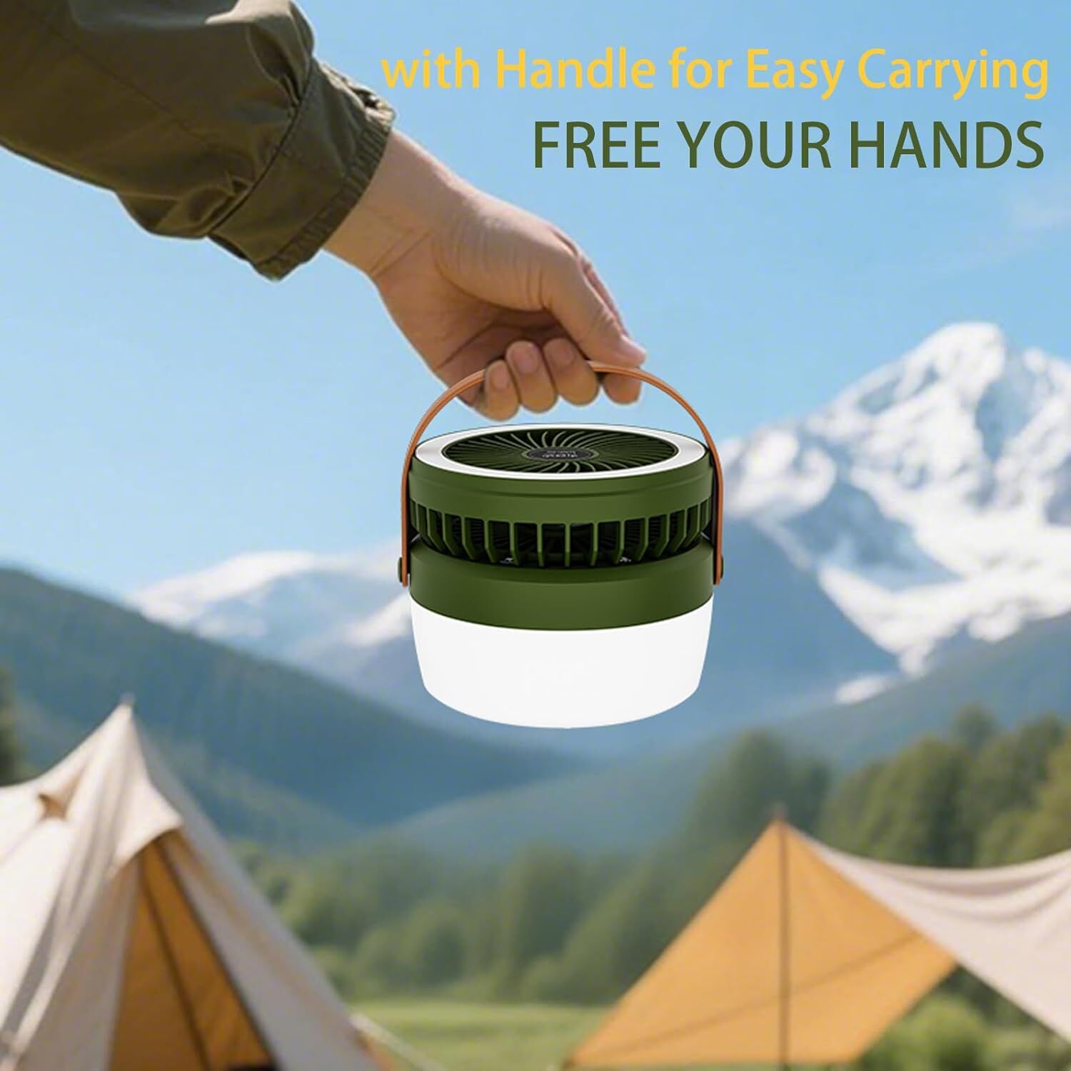 Camping Light with Fan, Portable Hanging Lamp for Tent, IPX4 Waterproof, 4 Mode Light Camping Lantern and 3 -Speed Quiet Fan,USB & Auxiliary Solar Charging，for Camping/College Dorm (Army Green) 8