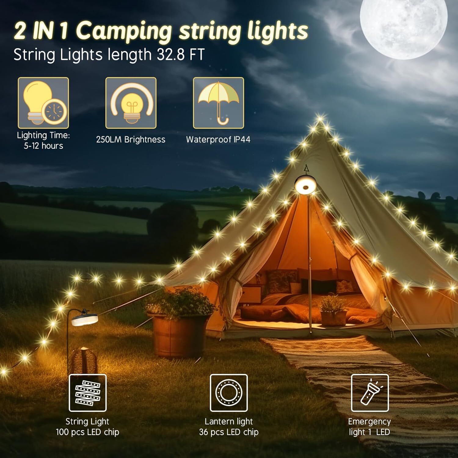 Solar Camping String Lights: 5-Mode IPX4 Waterproof USB/Solar Powered 2-in-1 for Outdoor Tents, Hiking & Party Decor 3