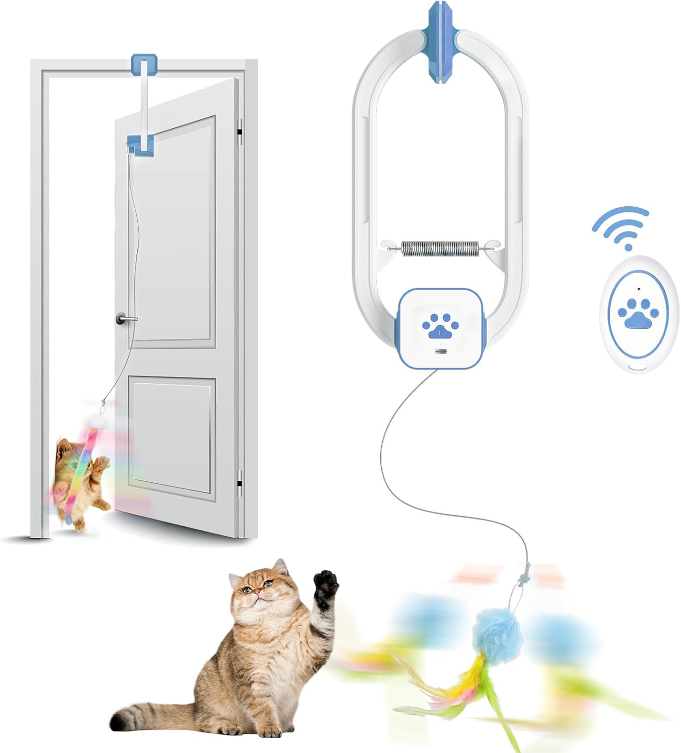 Rechargeable Electric Cat Teaser with Remote: Interactive 2-Mode Door Clip Toy for Australian Cats’ Exercise & Fun (Blue)