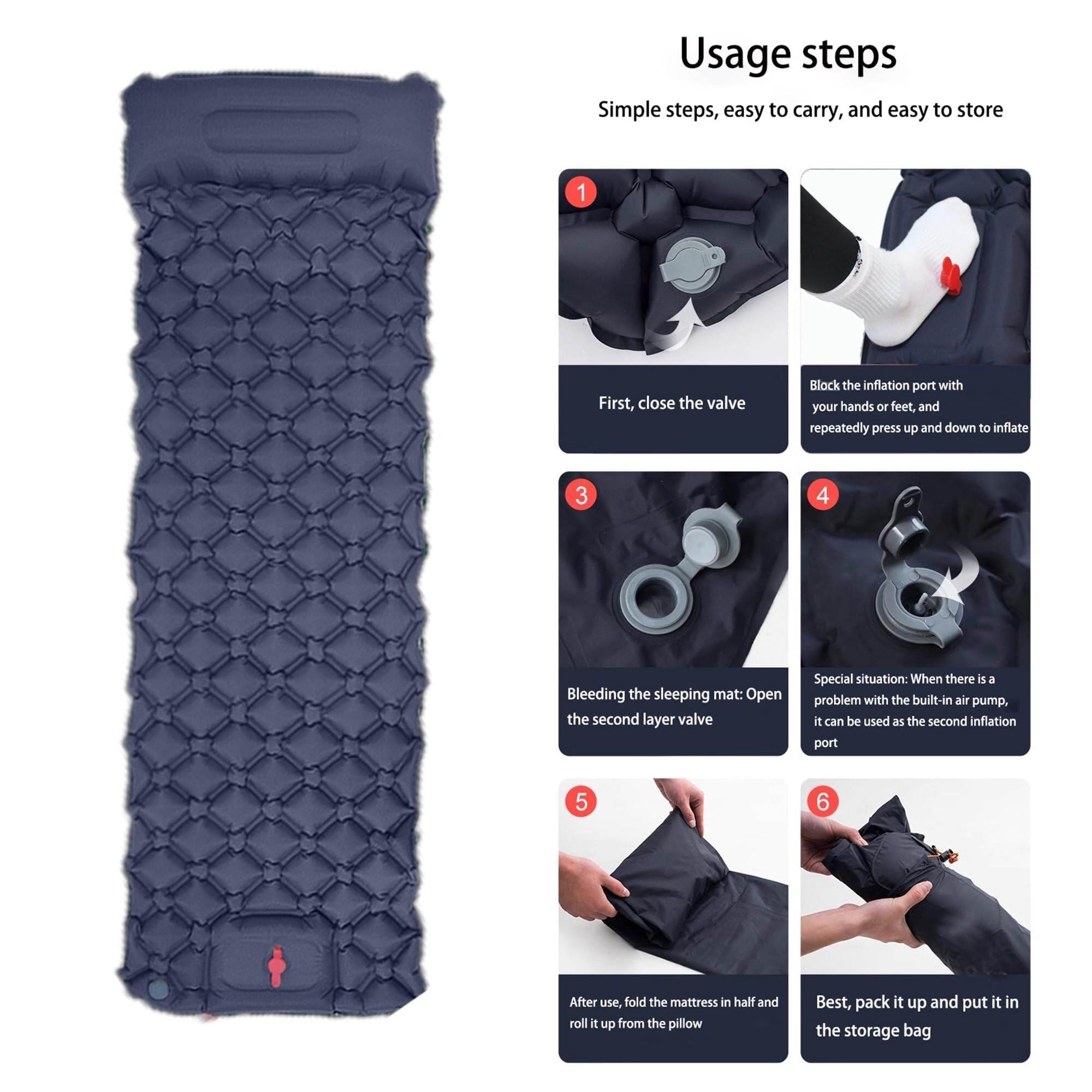 Ultralight Camping Sleeping Pad: Built-in Foot Pump, Integrated Pillow – Compact, Waterproof for Hiking/Backpacking (Dark Blue) 9