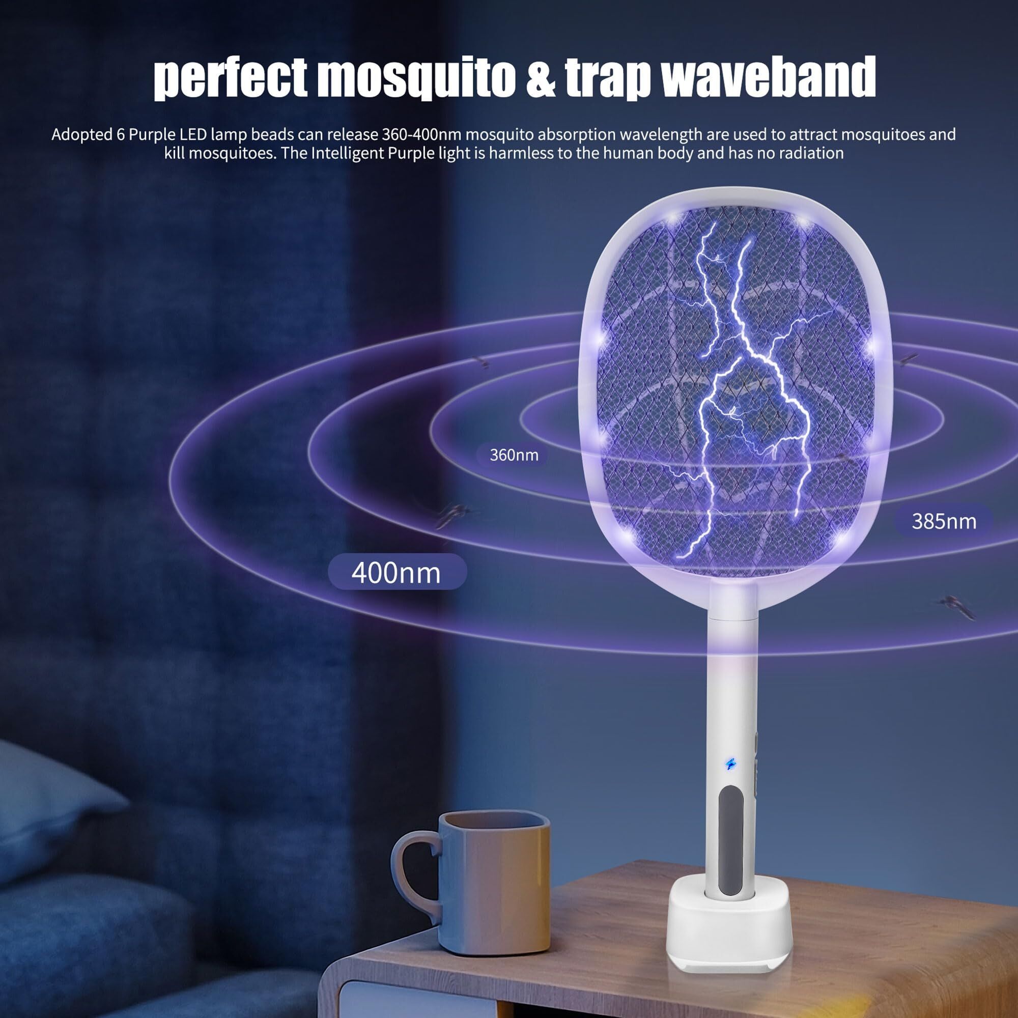 Dual-Mode UV Electric Mosquito Swatter with LED Attraction & 3000V Zapper – Rechargeable Bug Killer for Indoor and Outdoor Use (White) 4