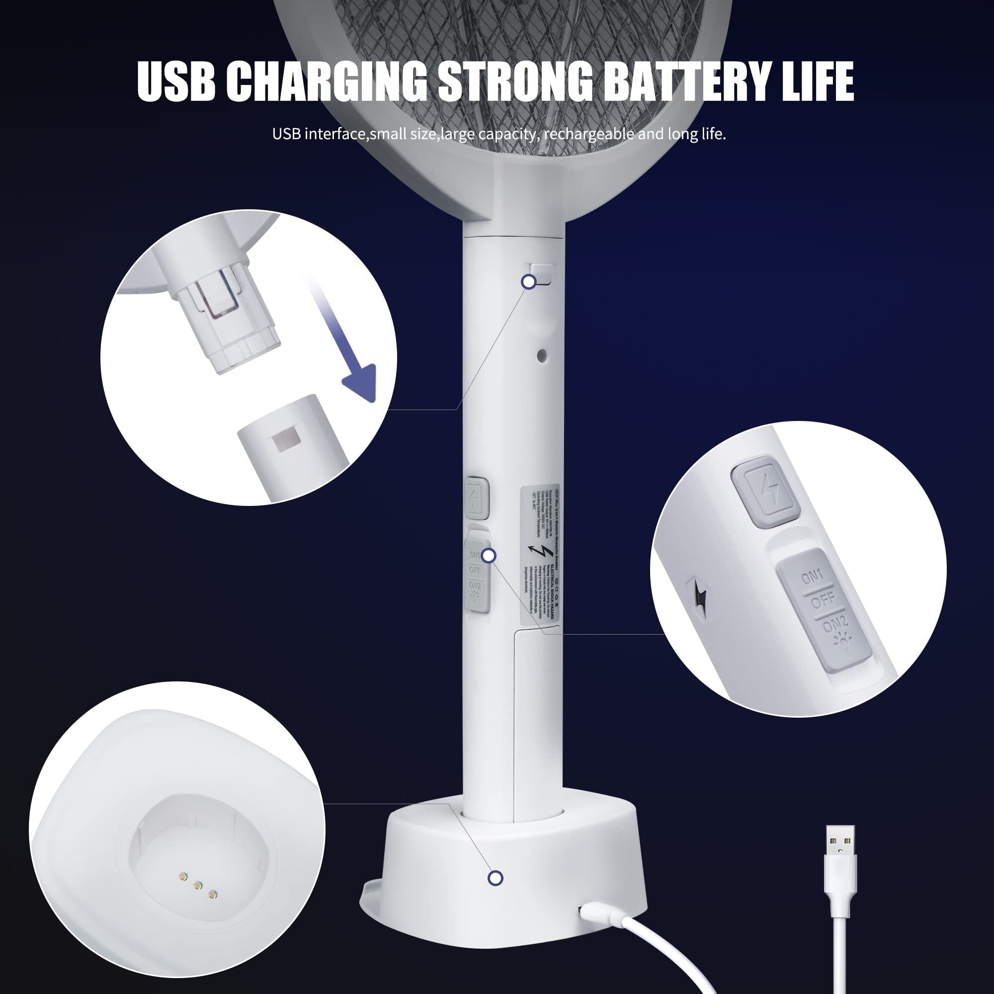 Dual-Mode UV Electric Mosquito Swatter with LED Attraction & 3000V Zapper – Rechargeable Bug Killer for Indoor and Outdoor Use (White) 8