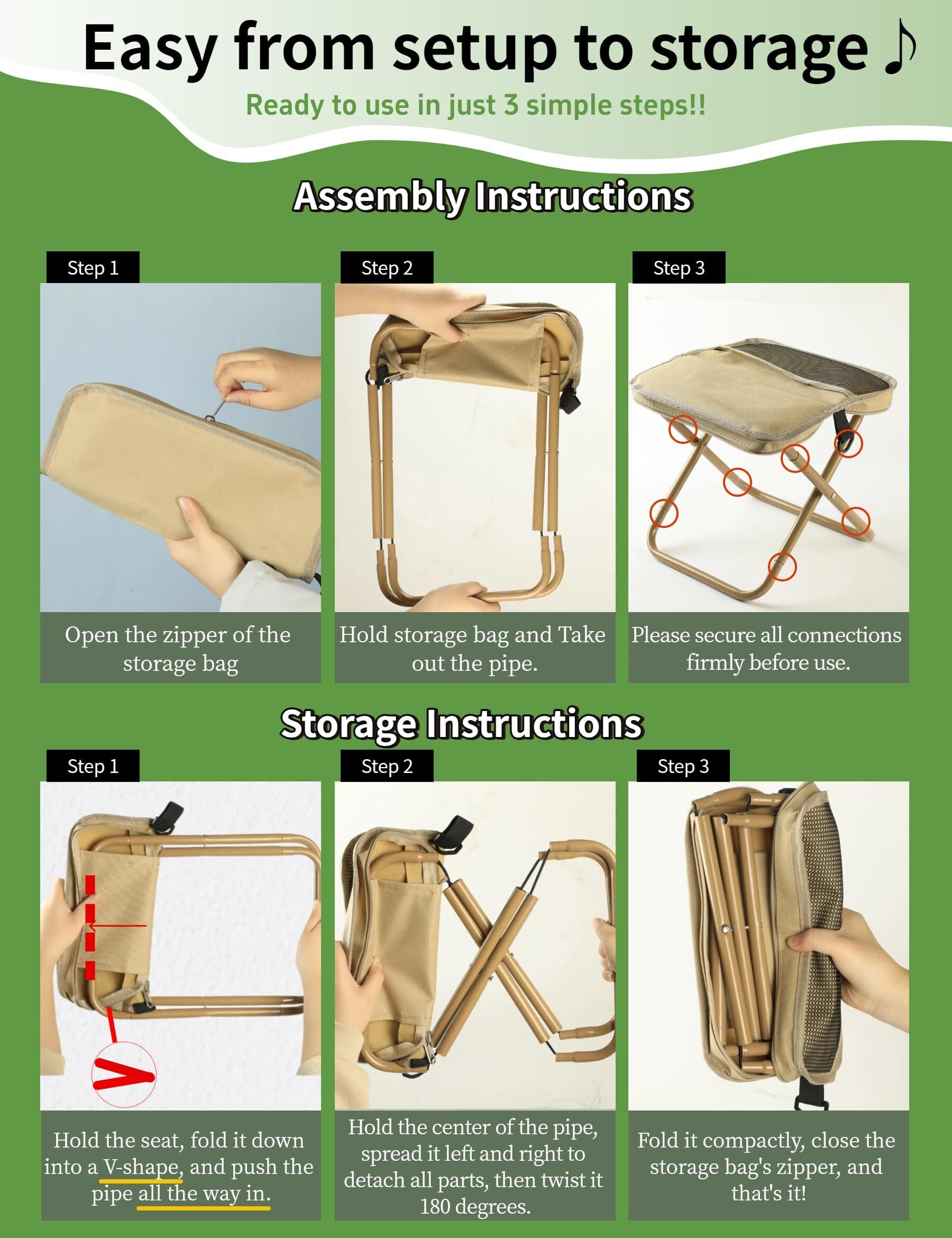 Green Portable Folding Chair – Compact Outdoor Stool for Camping, Fishing & Hiking | Lightweight Collapsible Seat with Carry Bag | Durable Steel Frame | Other Colours Available In-Store 6