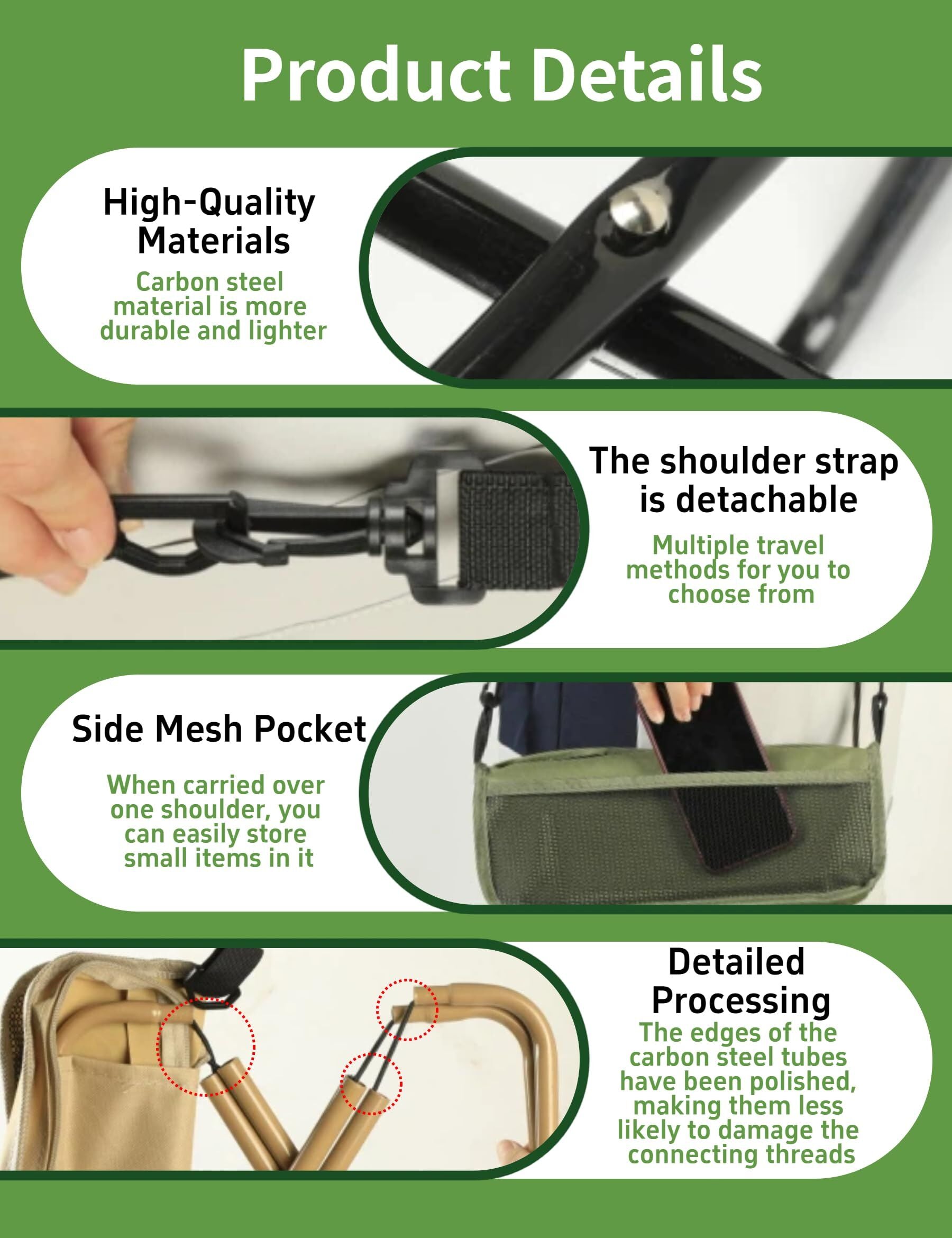 Green Portable Folding Chair – Compact Outdoor Stool for Camping, Fishing & Hiking | Lightweight Collapsible Seat with Carry Bag | Durable Steel Frame | Other Colours Available In-Store 8