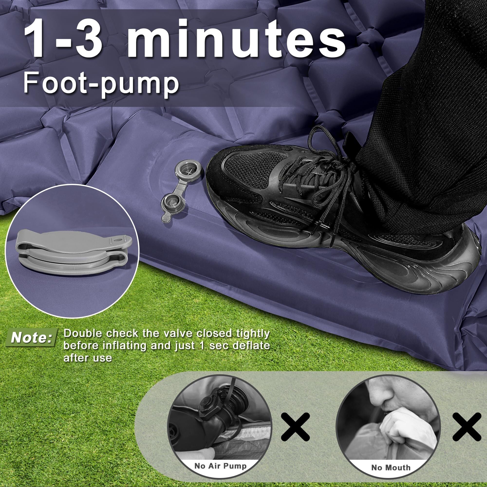 Double Camping Pad with Built-in Pillow: Foot Pump Inflatable Mattress for Tent/Backpacking – Ultralight, Foldable (Dark Blue) 3