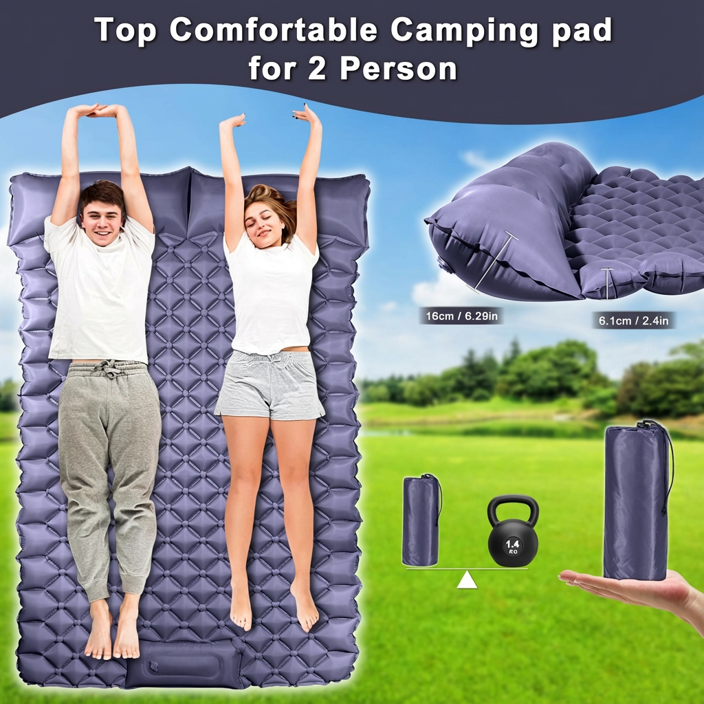 Double Camping Pad with Built-in Pillow: Foot Pump Inflatable Mattress for Tent/Backpacking – Ultralight, Foldable (Dark Blue) 7