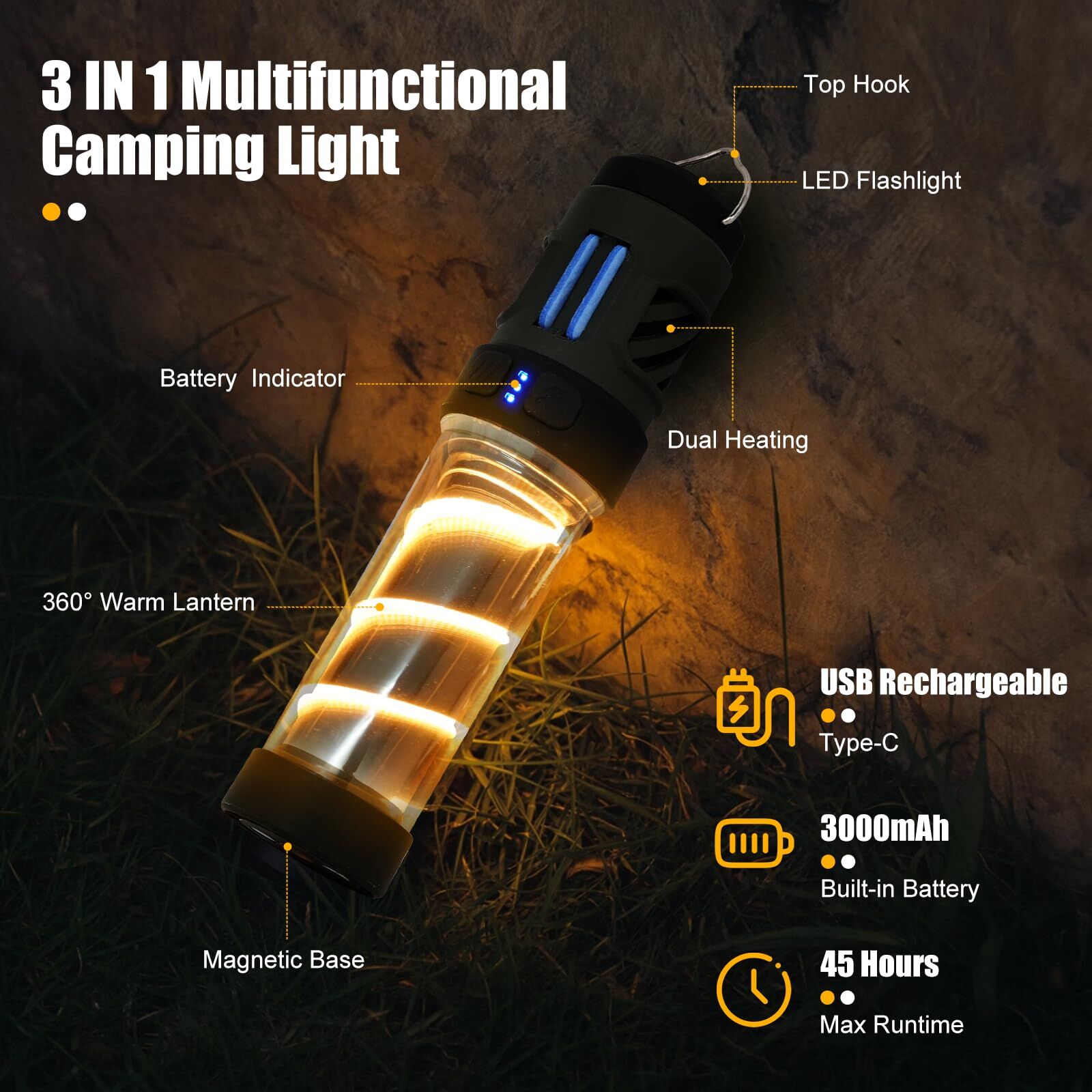 Rechargeable 3-in-1 Camping Light with Mosquito Repellent & Dual Heating – Bright Flashlight, Warm Lantern, Type-C Charging (Army Green) 3