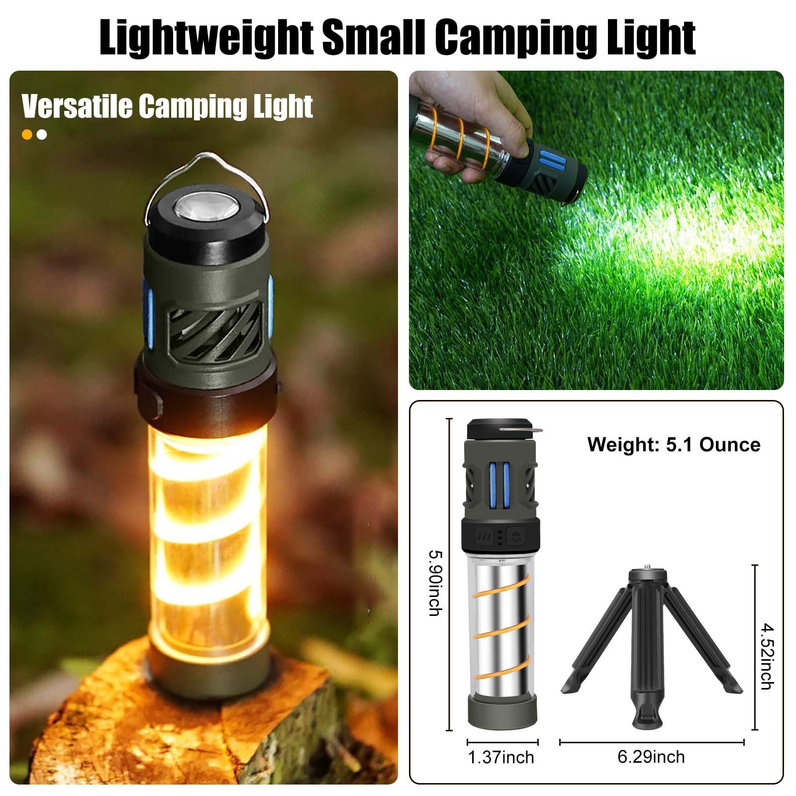 Rechargeable 3-in-1 Camping Light with Mosquito Repellent & Dual Heating – Bright Flashlight, Warm Lantern, Type-C Charging (Army Green) 7