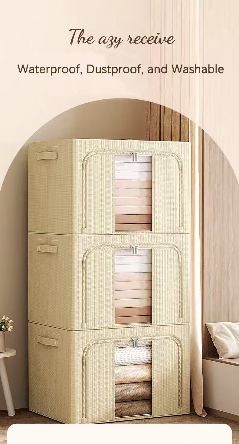 Clothes Storage Bins, 6 Pack Bedding Organizers with Handles, Stackable Metal Frame Closet Organizer, Visable Windows, Clothing Organization for Sweatshirt, Blanket, Long Dresses, (22L khaki) 3