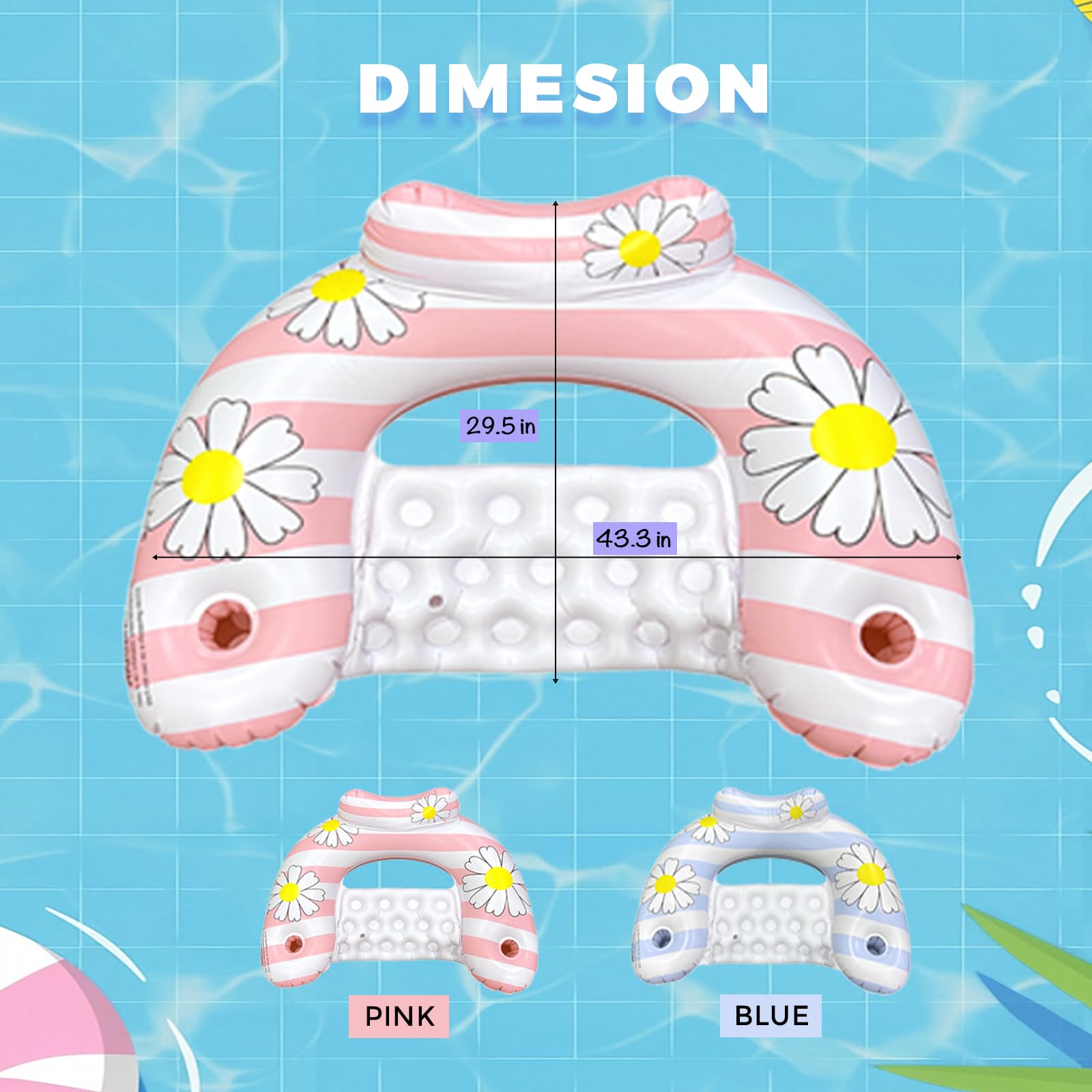 Daisy Inflatable Pool Floats 2-Pack for Adults: U-Shaped Lounge Chairs with Cup Holders, Portable for Pool, Beach, Summer Fun 3