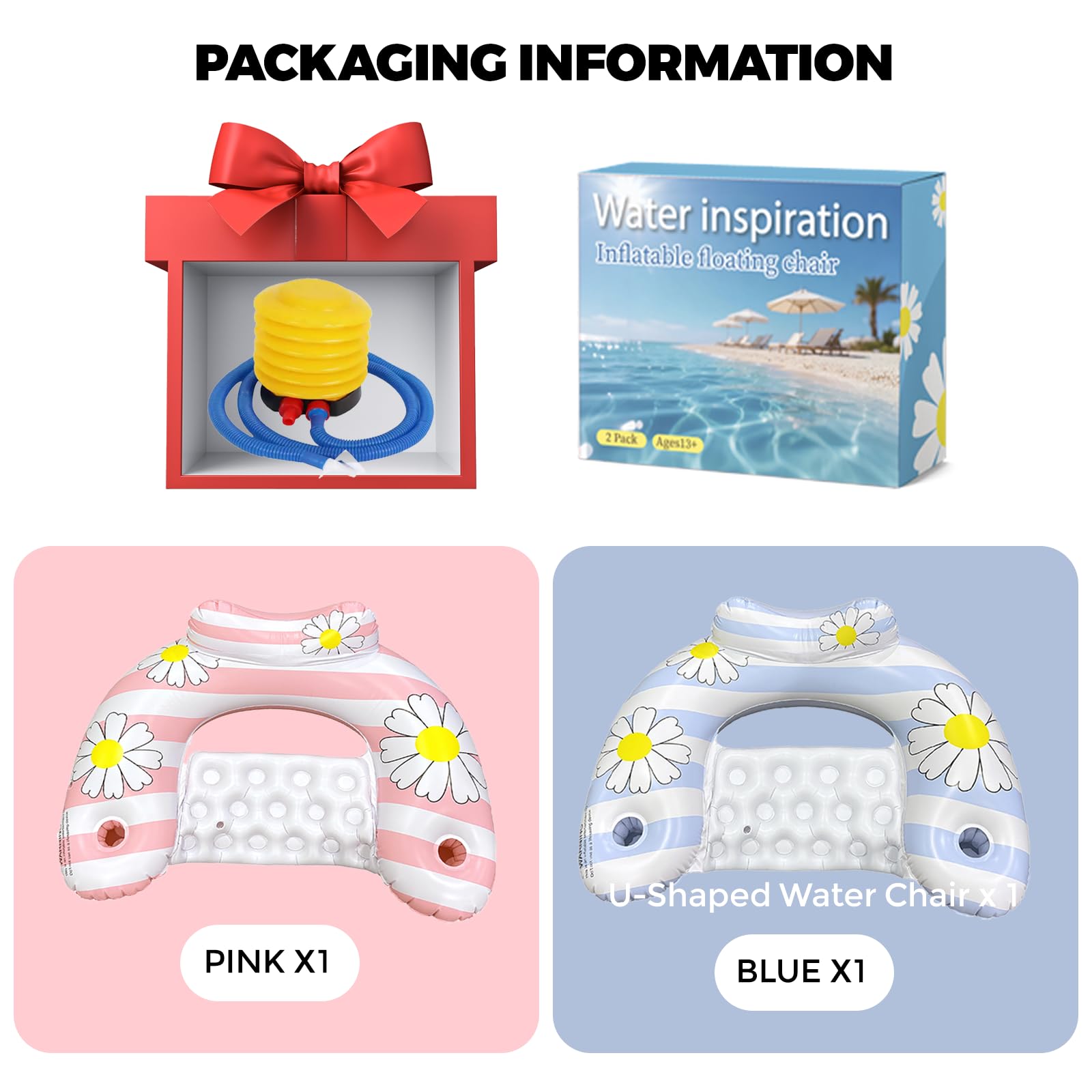 Daisy Inflatable Pool Floats 2-Pack for Adults: U-Shaped Lounge Chairs with Cup Holders, Portable for Pool, Beach, Summer Fun 4