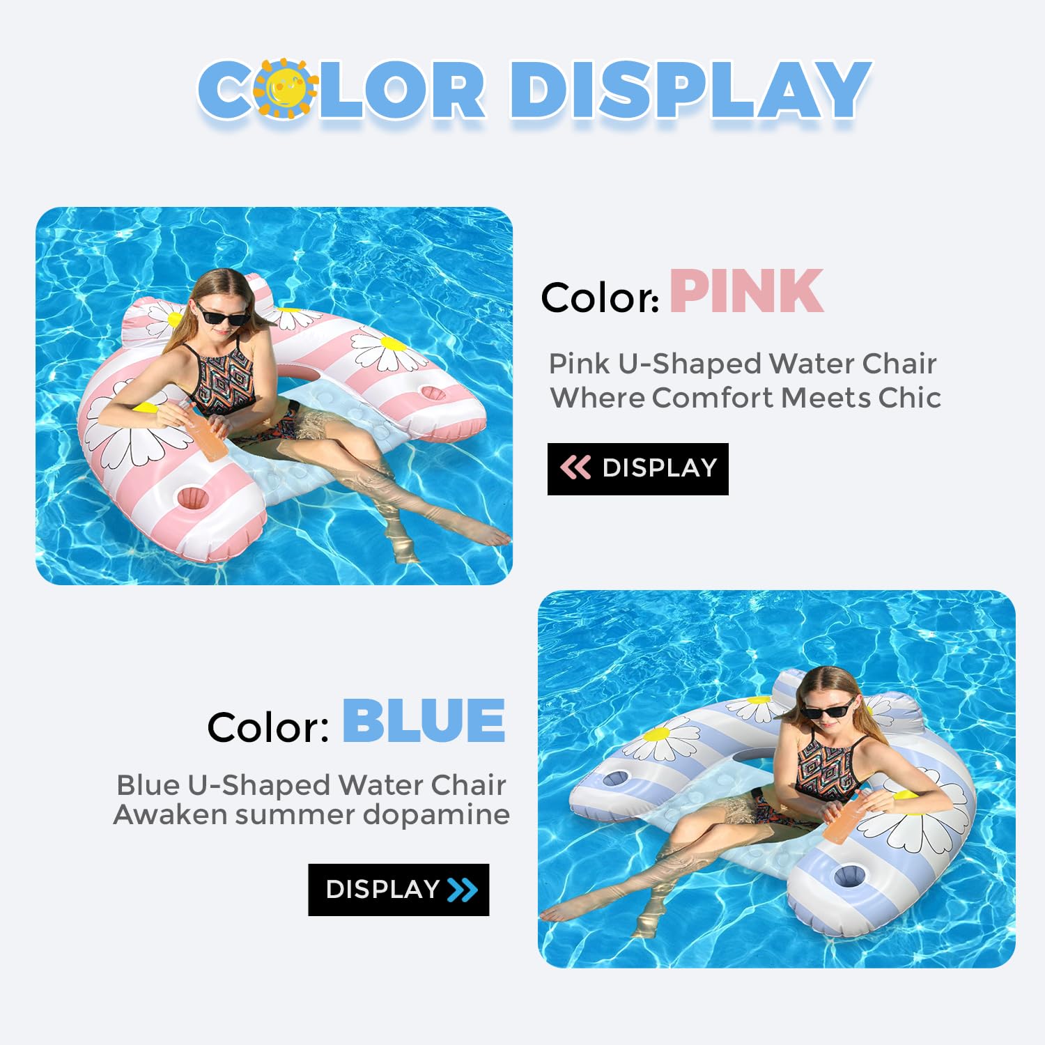 Daisy Inflatable Pool Floats 2-Pack for Adults: U-Shaped Lounge Chairs with Cup Holders, Portable for Pool, Beach, Summer Fun 5