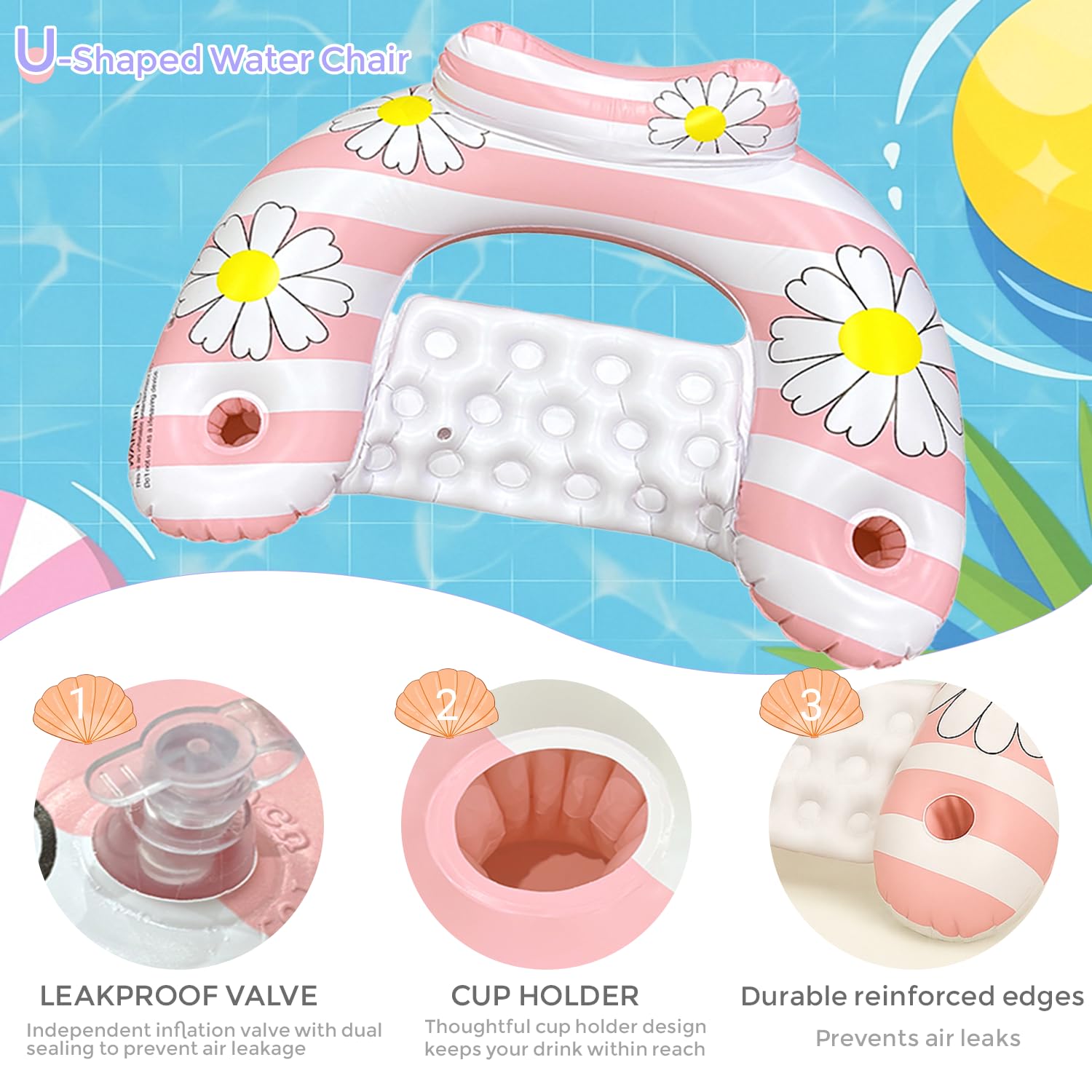 Daisy Inflatable Pool Floats 2-Pack for Adults: U-Shaped Lounge Chairs with Cup Holders, Portable for Pool, Beach, Summer Fun 6