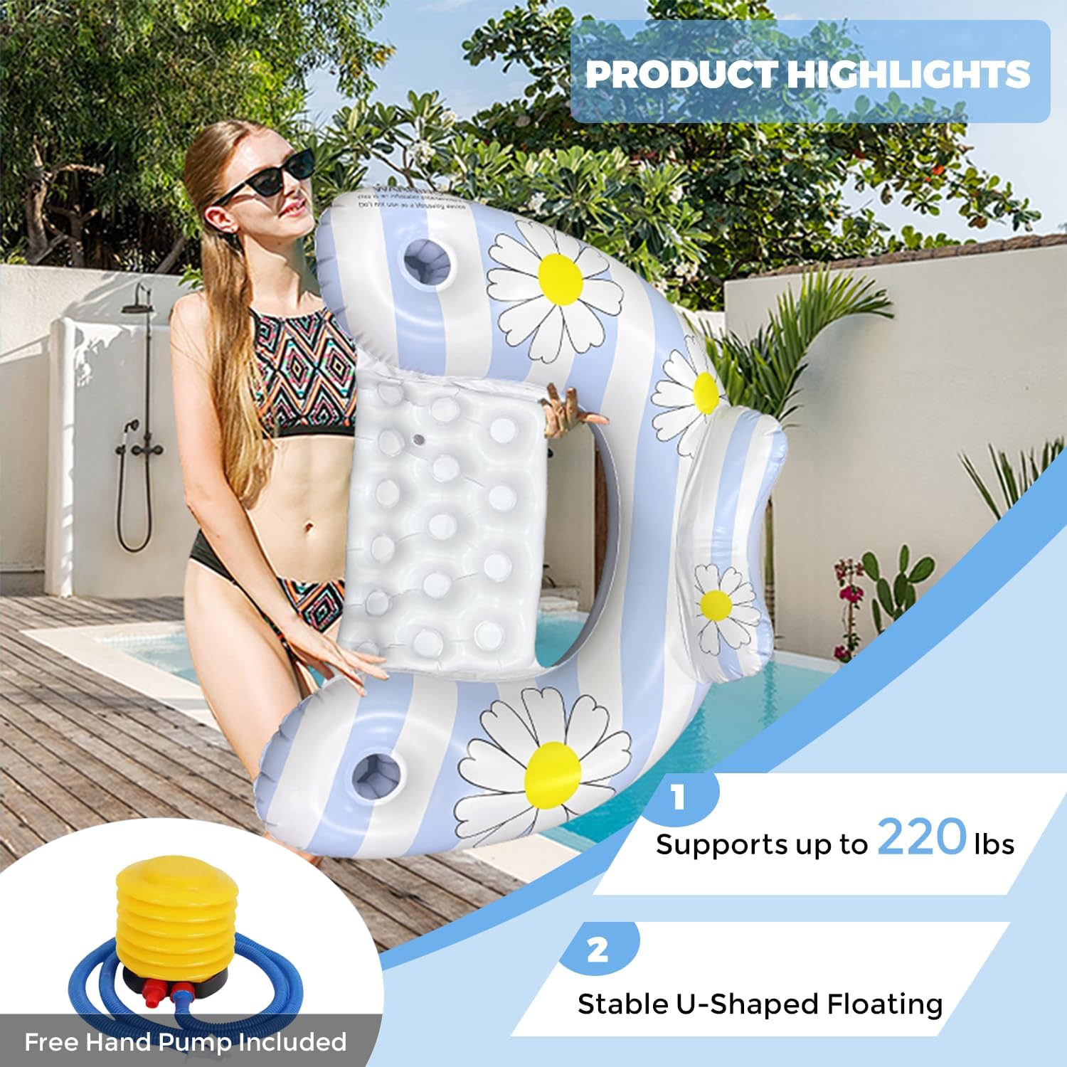 Daisy Inflatable Pool Floats 2-Pack for Adults: U-Shaped Lounge Chairs with Cup Holders, Portable for Pool, Beach, Summer Fun 7