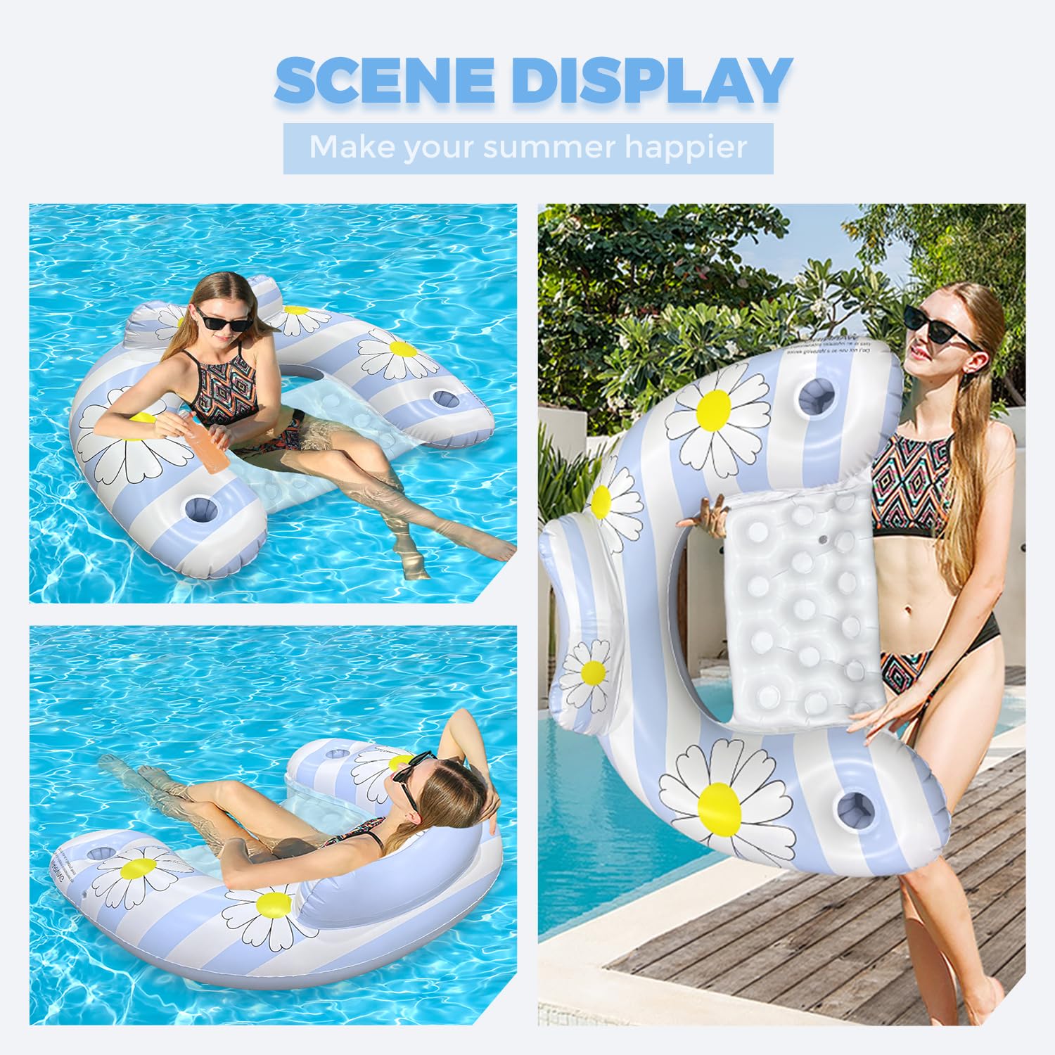 Daisy Inflatable Pool Floats 2-Pack for Adults: U-Shaped Lounge Chairs with Cup Holders, Portable for Pool, Beach, Summer Fun 8