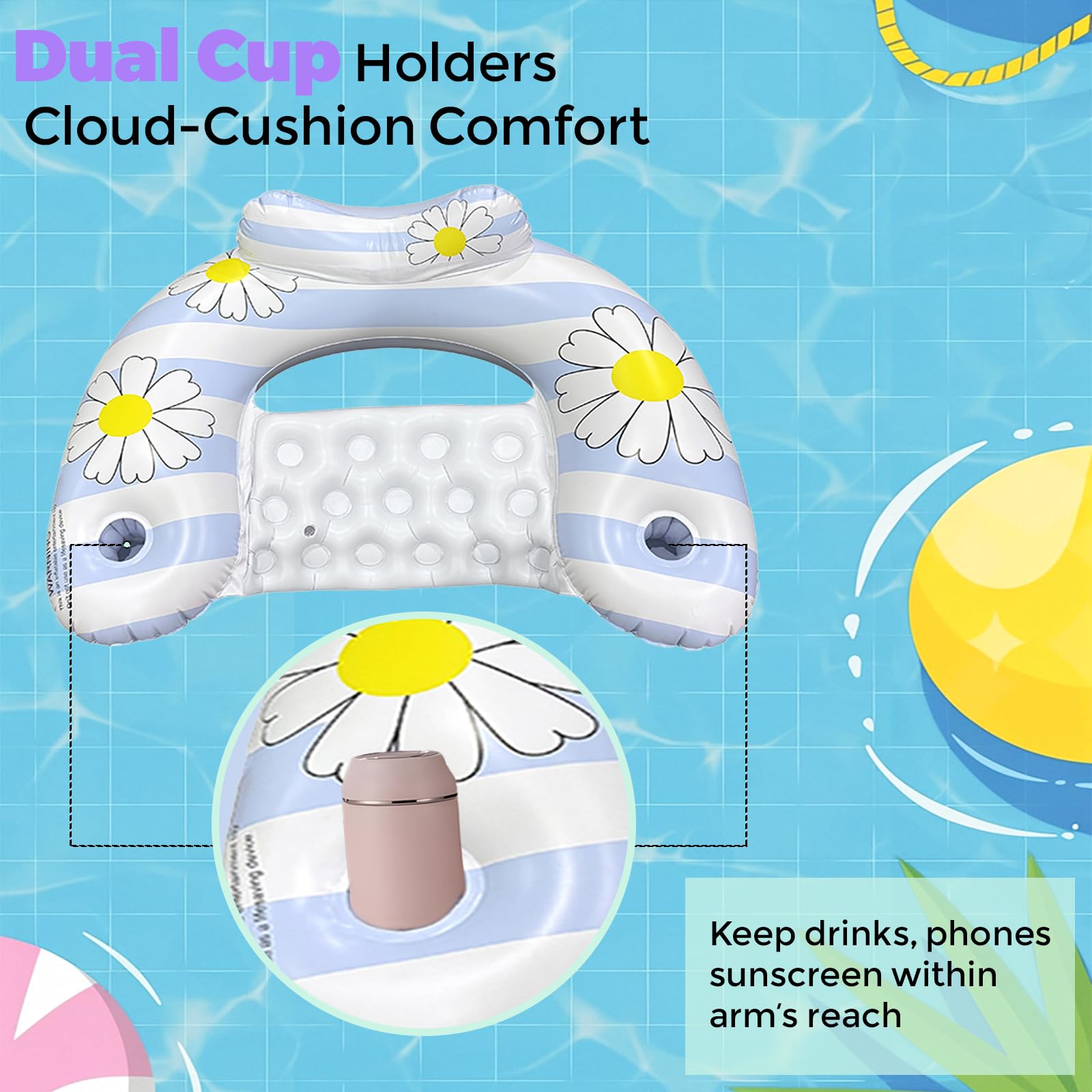 Daisy Inflatable Pool Floats 2-Pack for Adults: U-Shaped Lounge Chairs with Cup Holders, Portable for Pool, Beach, Summer Fun 9