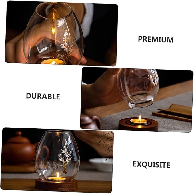 Chinese-Style Glass Candle Holder with Plum Blossom Design: 12×8cm, Windproof, Retro Zen Decor for Romantic Dinners & Home Ambiance