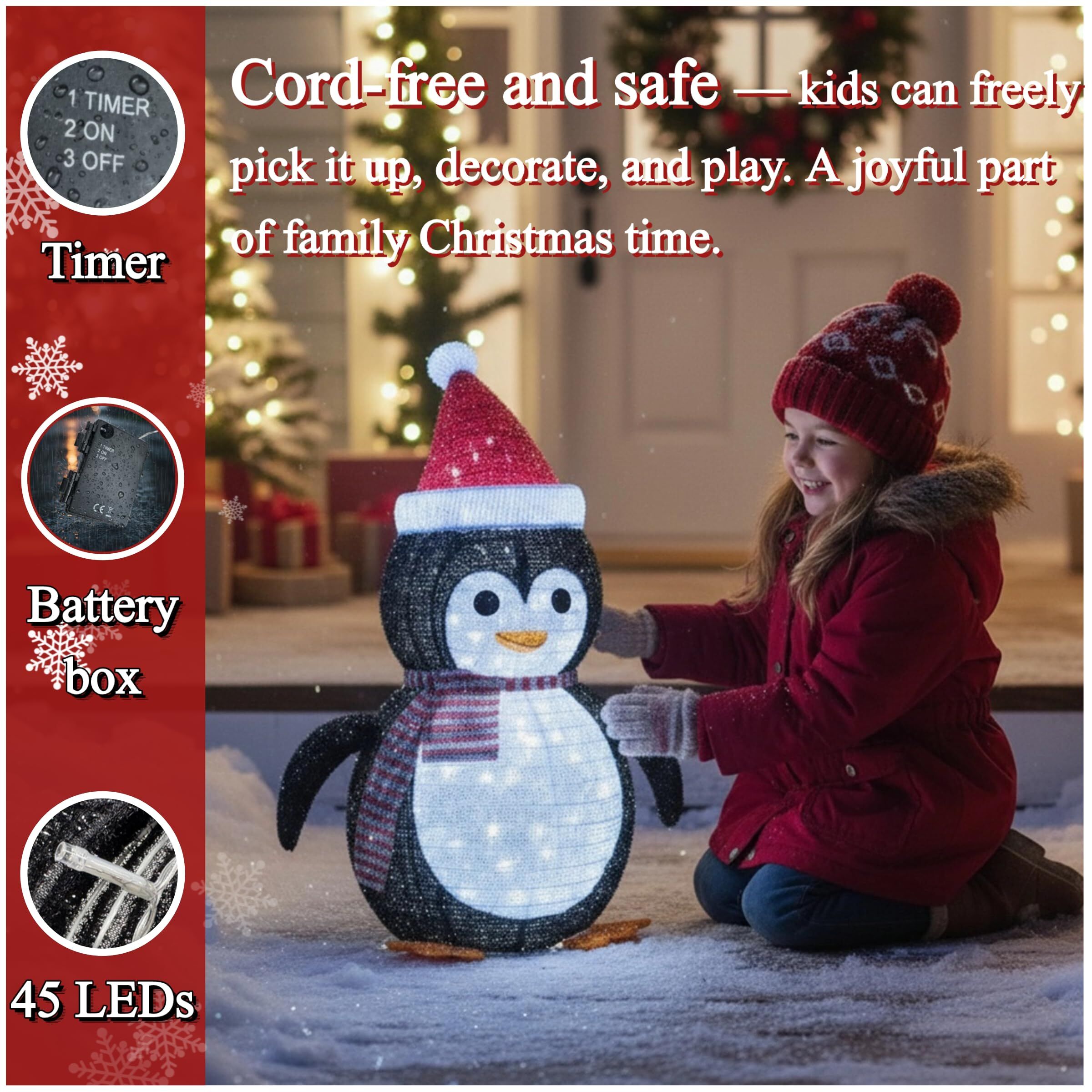 Lighted Christmas Penguin Decoration Lantern – Collapsible Metal Frame Yard Ornament with 45 Cool White LEDs, Waterproof Battery Operated & Timer, Indoor Outdoor Holiday Décor for Porch,Tree, and Lawn