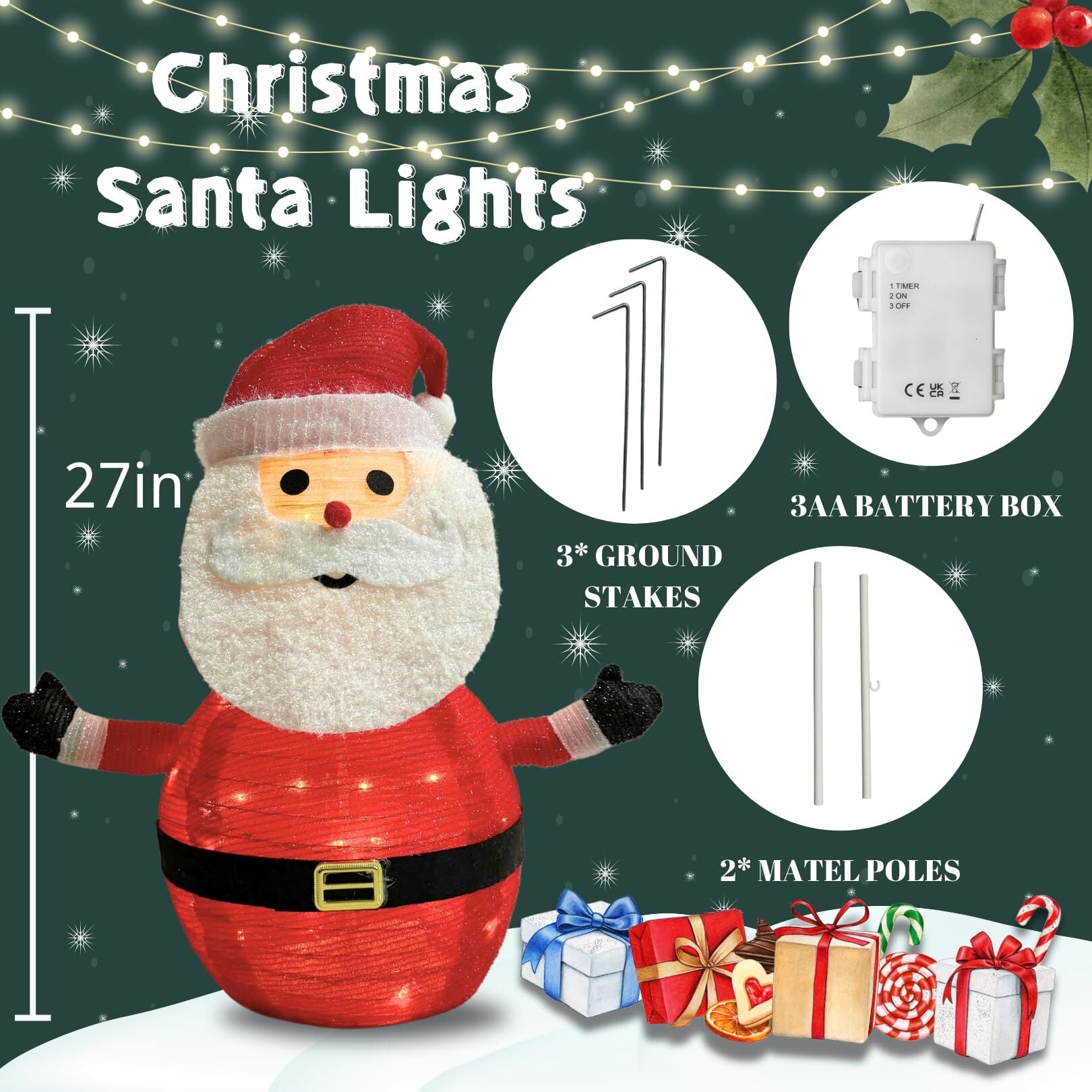 2-Pack Lighted Christmas Santa Claus Decoration Lantern, 45 LED Collapsible Pop-Up Ornament with 8 Light Modes & Timer, Indoor Outdoor Holiday Décor 3