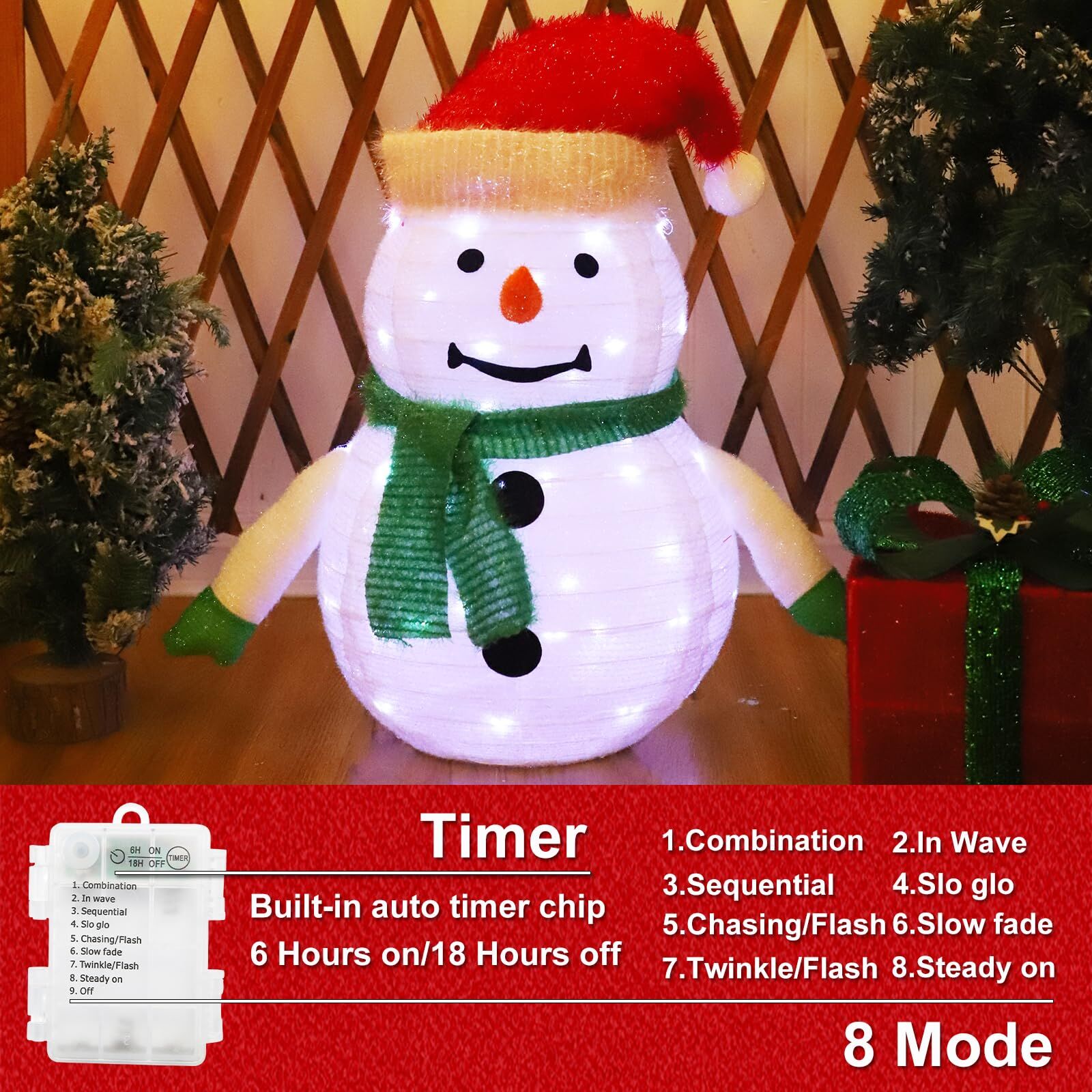 Lighted Christmas Snowman Decoration Lantern, 45 LED Collapsible Pop-Up Ornament with 8 Light Modes & Timer, Indoor Outdoor Holiday Décor 4