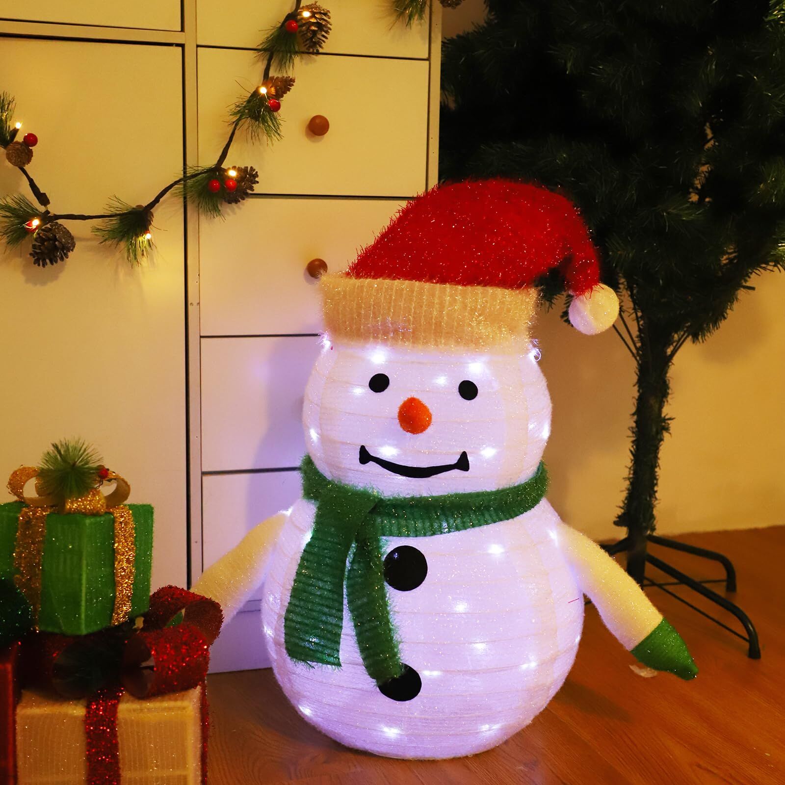 2-Pack Lighted Christmas Snowman Decoration Lantern, 45 LED Collapsible Pop-Up Ornament with 8 Light Modes & Timer, Indoor Outdoor Holiday Décor