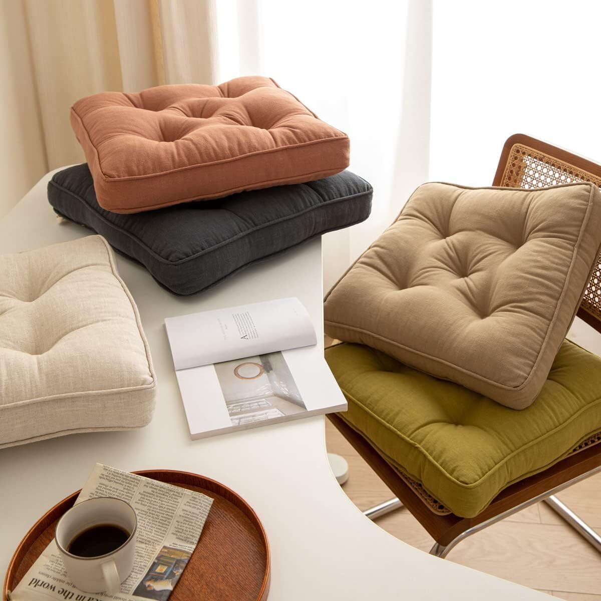 43×43×6cm Linen Cotton Thick Seat Cushion: Plush, Solid-Colour, for Office & Home Chairs, Aussie Comfort Essential（Bean Coffee） 8