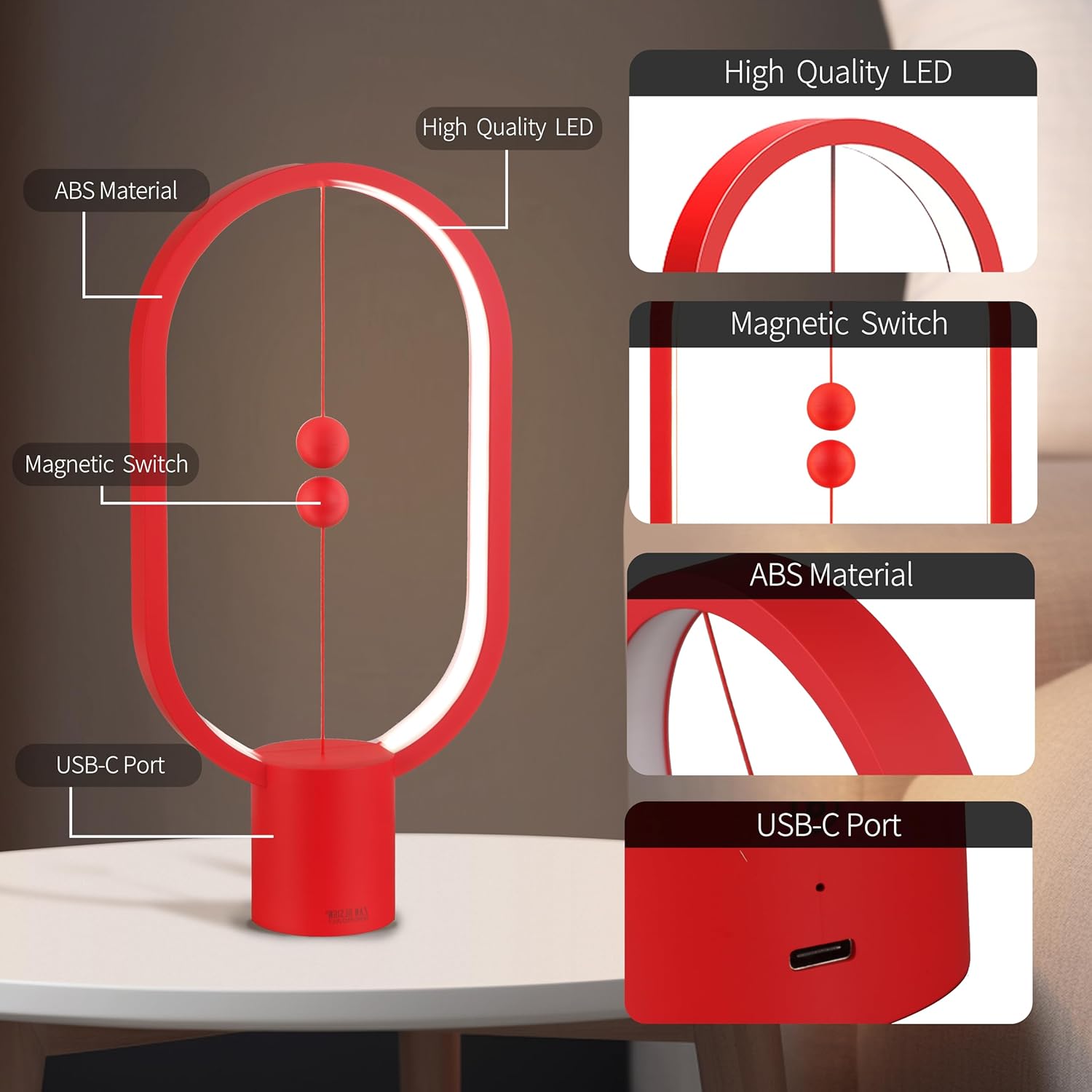 Red Magnetic Balance LED Table Lamp: USB-Powered, Dimmable Eye-Care Light with Award-Winning Design for Australian Homes & Offices