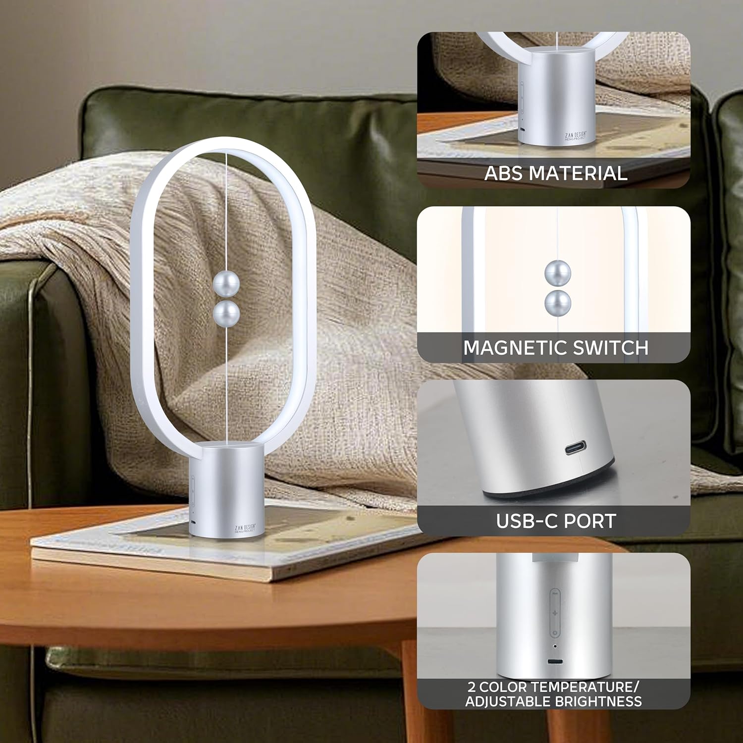 Silver Magnetic Balance LED Table Lamp: USB-Powered, Dimmable Eye-Care Light with Award-Winning Design for Australian Homes & Offices 4
