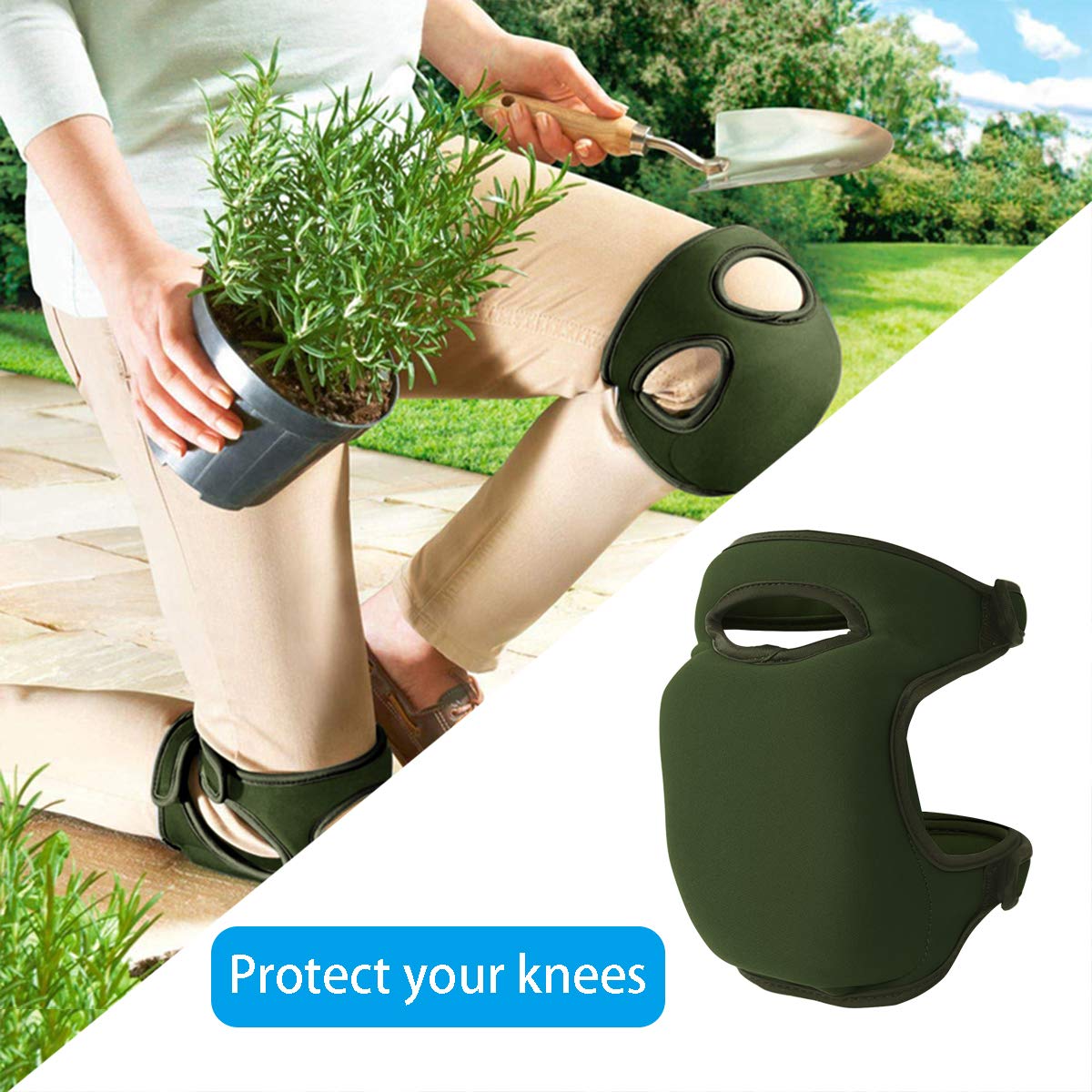 Olive Green Gardening Knee Pads (2-Pack): Ultra-Thick Memory Foam, Adjustable Straps – Ideal for Gardening, Cleaning, Flooring & Work 4