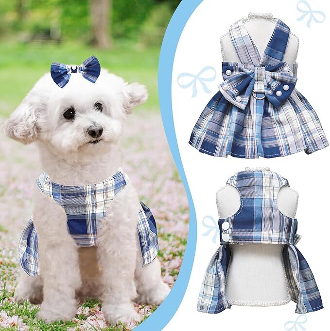 pet products Dog Dress Bowknot Harness Leash Set for Small Dogs Girl Cute Plaid Dog Dress Pearls Bow Tie Spring Summer Princess Clothes Birthday Holiday Doggie Outfits for Puppy Cats Girl Apparel 3