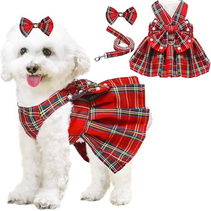 pet products Dog Dress Bowknot Harness Leash Set for Small Dogs Girl Cute Plaid Dog Dress Pearls Bow Tie Spring Summer Princess Clothes Birthday Holiday Doggie Outfits for Puppy Cats Girl Apparel 6