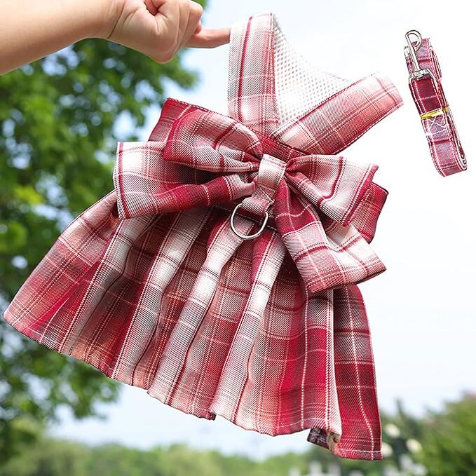 pet products Dog Dress Bowknot Harness Leash Set for Small Dogs Girl Cute Plaid Dog Dress Pearls Bow Tie Spring Summer Princess Clothes Birthday Holiday Doggie Outfits for Puppy Cats Girl Apparel 10