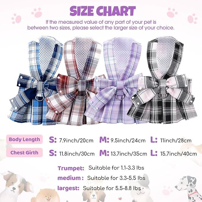 pet products Dog Dress Bowknot Harness Leash Set for Small Dogs Girl Cute Plaid Dog Dress Pearls Bow Tie Spring Summer Princess Clothes Birthday Holiday Doggie Outfits for Puppy Cats Girl Apparel 5