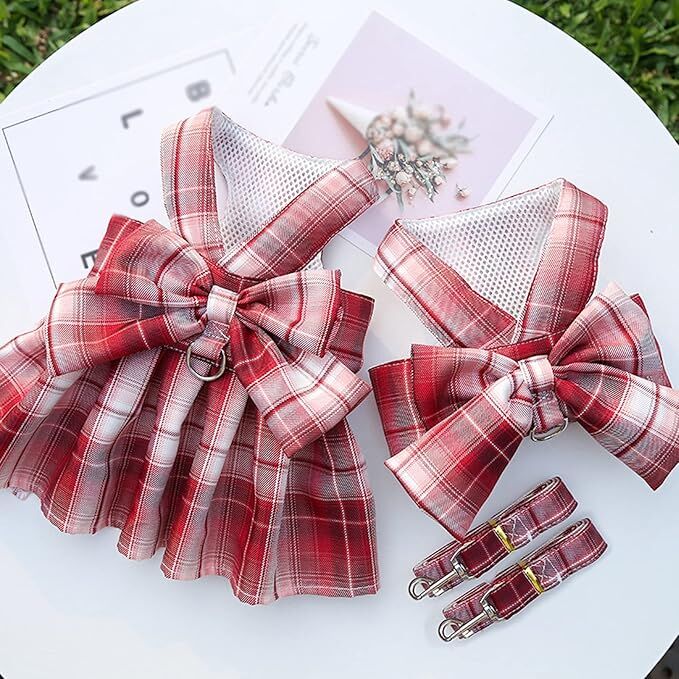 pet products Dog Dress Bowknot Harness Leash Set for Small Dogs Girl Cute Plaid Dog Dress Pearls Bow Tie Spring Summer Princess Clothes Birthday Holiday Doggie Outfits for Puppy Cats Girl Apparel 7