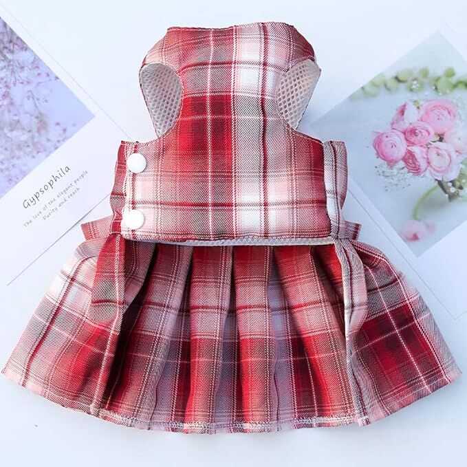 pet products Dog Dress Bowknot Harness Leash Set for Small Dogs Girl Cute Plaid Dog Dress Pearls Bow Tie Spring Summer Princess Clothes Birthday Holiday Doggie Outfits for Puppy Cats Girl Apparel 9