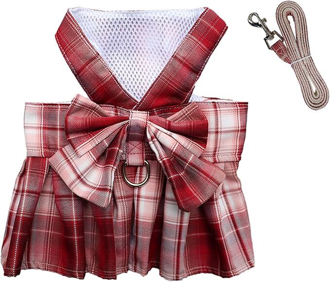 pet products Dog Dress Bowknot Harness Leash Set for Small Dogs Girl Cute Plaid Dog Dress Pearls Bow Tie Spring Summer Princess Clothes Birthday Holiday Doggie Outfits for Puppy Cats Girl Apparel 3