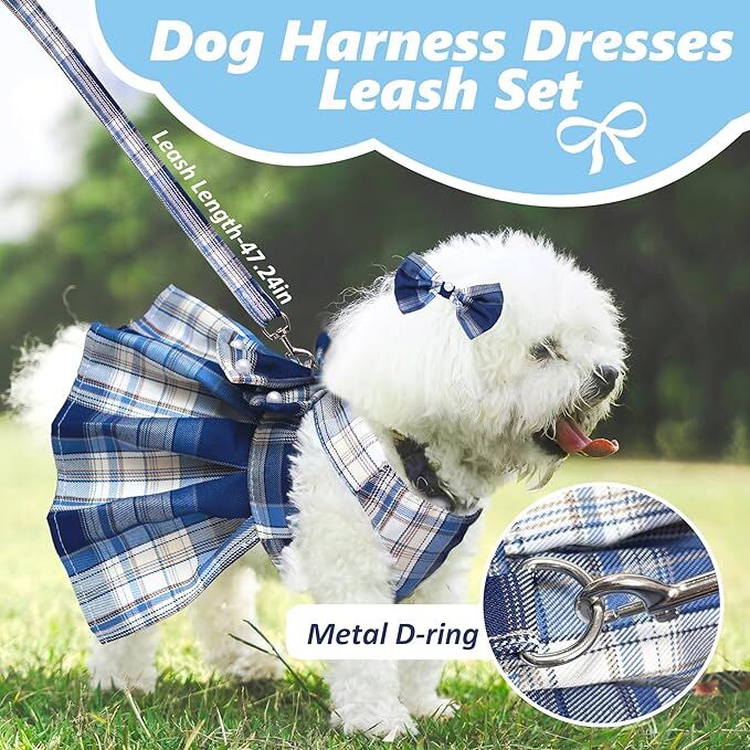 pet products Dog Dress Bowknot Harness Leash Set for Small Dogs Girl Cute Plaid Dog Dress Pearls Bow Tie Spring Summer Princess Clothes Birthday Holiday Doggie Outfits for Puppy Cats Girl Apparel 8