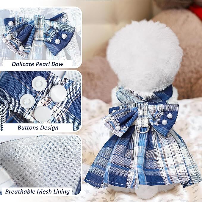 pet products Dog Dress Bowknot Harness Leash Set for Small Dogs Girl Cute Plaid Dog Dress Pearls Bow Tie Spring Summer Princess Clothes Birthday Holiday Doggie Outfits for Puppy Cats Girl Apparel 10