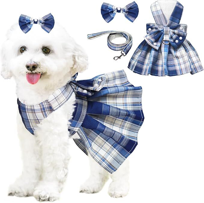 pet products Dog Dress Bowknot Harness Leash Set for Small Dogs Girl Cute Plaid Dog Dress Pearls Bow Tie Spring Summer Princess Clothes Birthday Holiday Doggie Outfits for Puppy Cats Girl Apparel 7